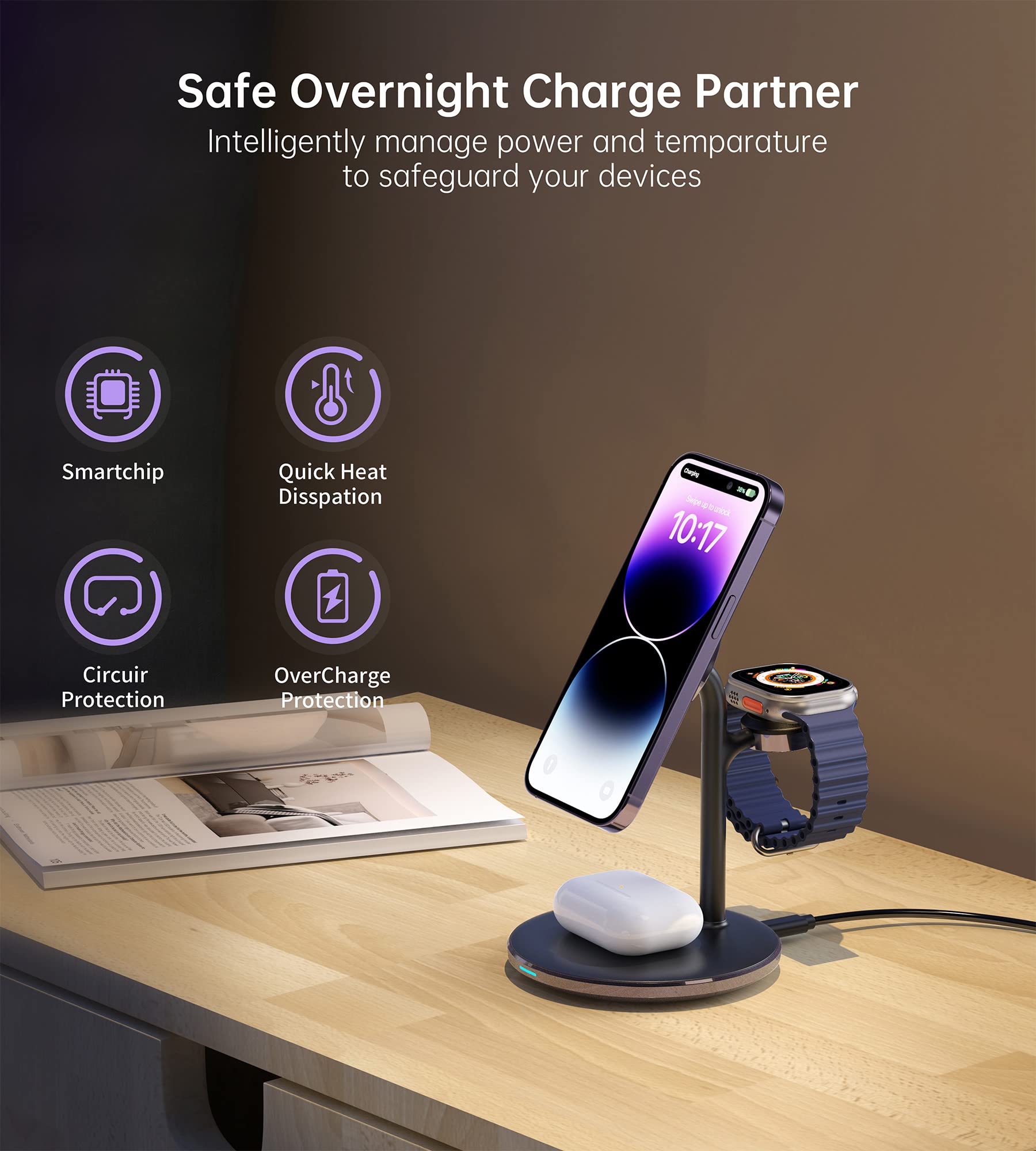 XooFly 3 in 1 Wireless Charging Station for Apple Devices, Fast Wireless Mag-Safe Charger Stand with 20W Adapter for iPhone 17/16 15 14 13 12 Pro Max/Pro/Plus/Air/Mini, iWatch, AirPods (Black)