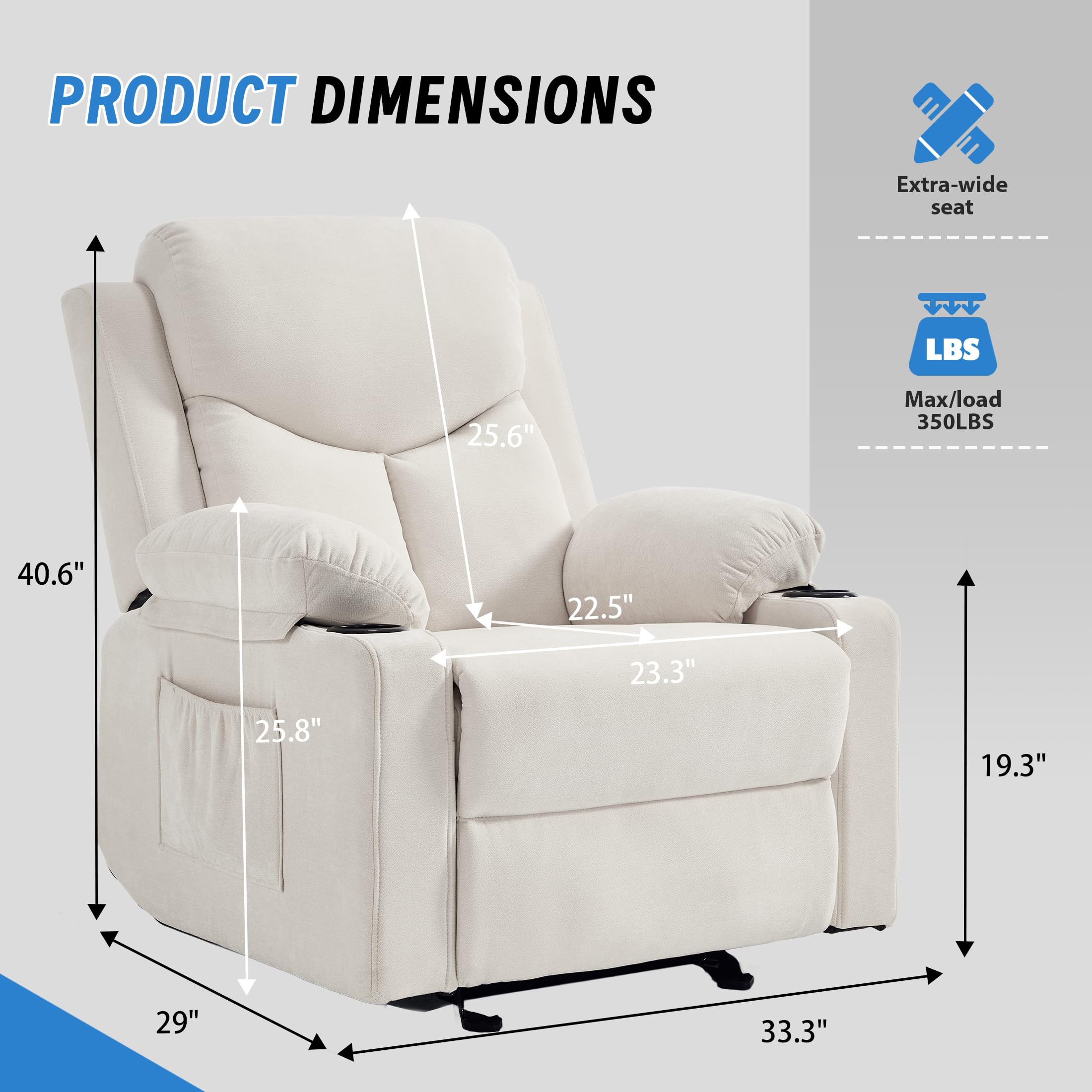Manual Rocker Recliner Chair for Adults with Massage, Overstuffed Glider Rocking Chair with Cup Holders and Pockets for Living Room, Reclining Sofa Chair for Bedroom Nursery,Beige