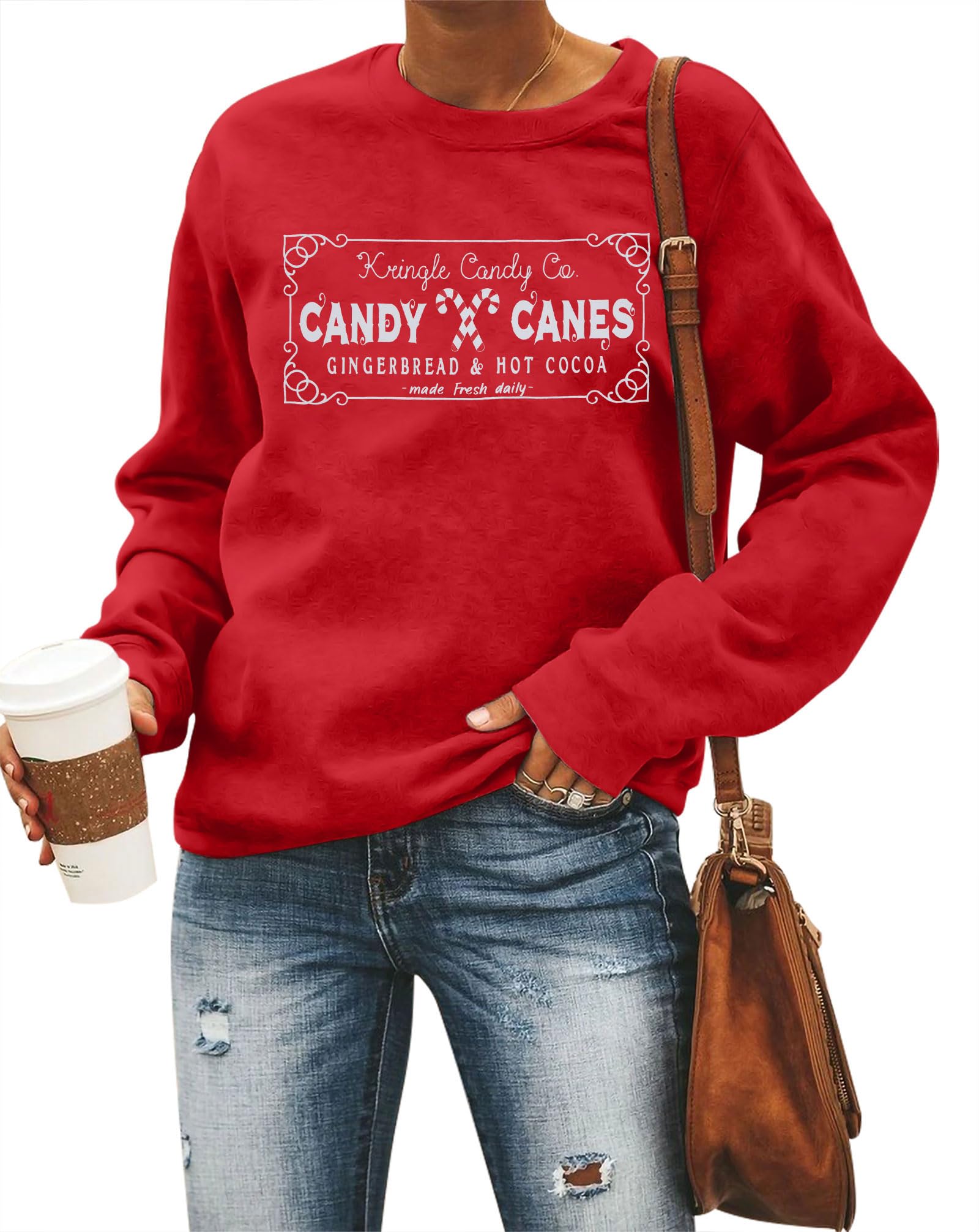 Christmas Sweatshirts Women Candy Canes Graphic Sweatshirt Vintage Xmas Long Sleeve Shirt Pullover Tops