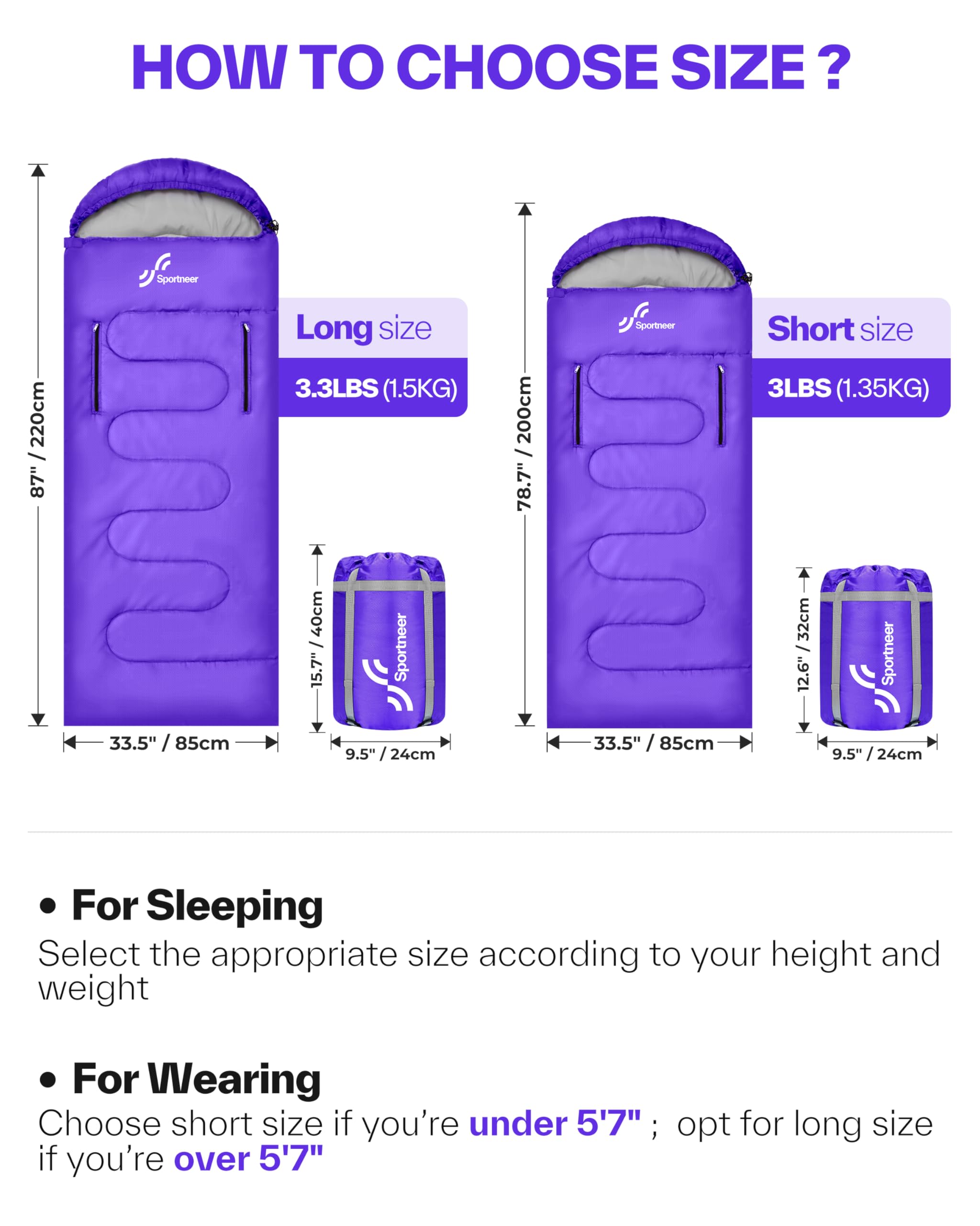 Sportneer Wearable Sleeping Bag for Adults & Kids – Walkable with Arm Zippers, Warm Weather & Cold Waterproof, Compact for Camping, Stadiums, Travel, Backpacking & Car Use