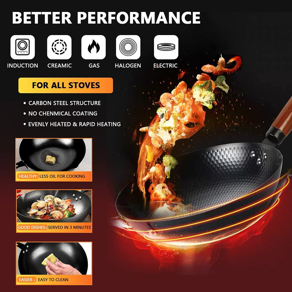 14 Piece Carbon Steel Wok Pan, Woks & Stir-Fry Pans Set with Wooden Lid Cookwares, No Chemical Coated Flat Bottom Chinese Pan for Induction, Electric, Gas, Halogen All Stoves - 12.6''