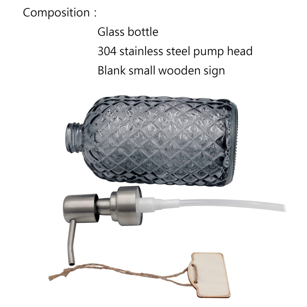 16 oz Diamond Pattern Glass Soap Dispenser, Kitchen and Bathroom Refillable Soap Dispenser with Rust Resistant Stainless Steel Pump for Hand Soap, Lotion Glass Liquid Dispenser(Amber)