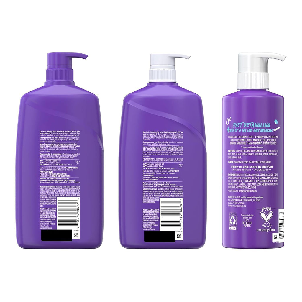 Aussie Miracle Moist Shampoo and Conditioner with 3 Minute Miracle Deep Conditioner, Avocado & Jojoba Oil, Paraben-Free, Moisturizes & Detangles, All Hair Types, Citrus Floral Scent, 3 Pack 68.4 Fl Oz