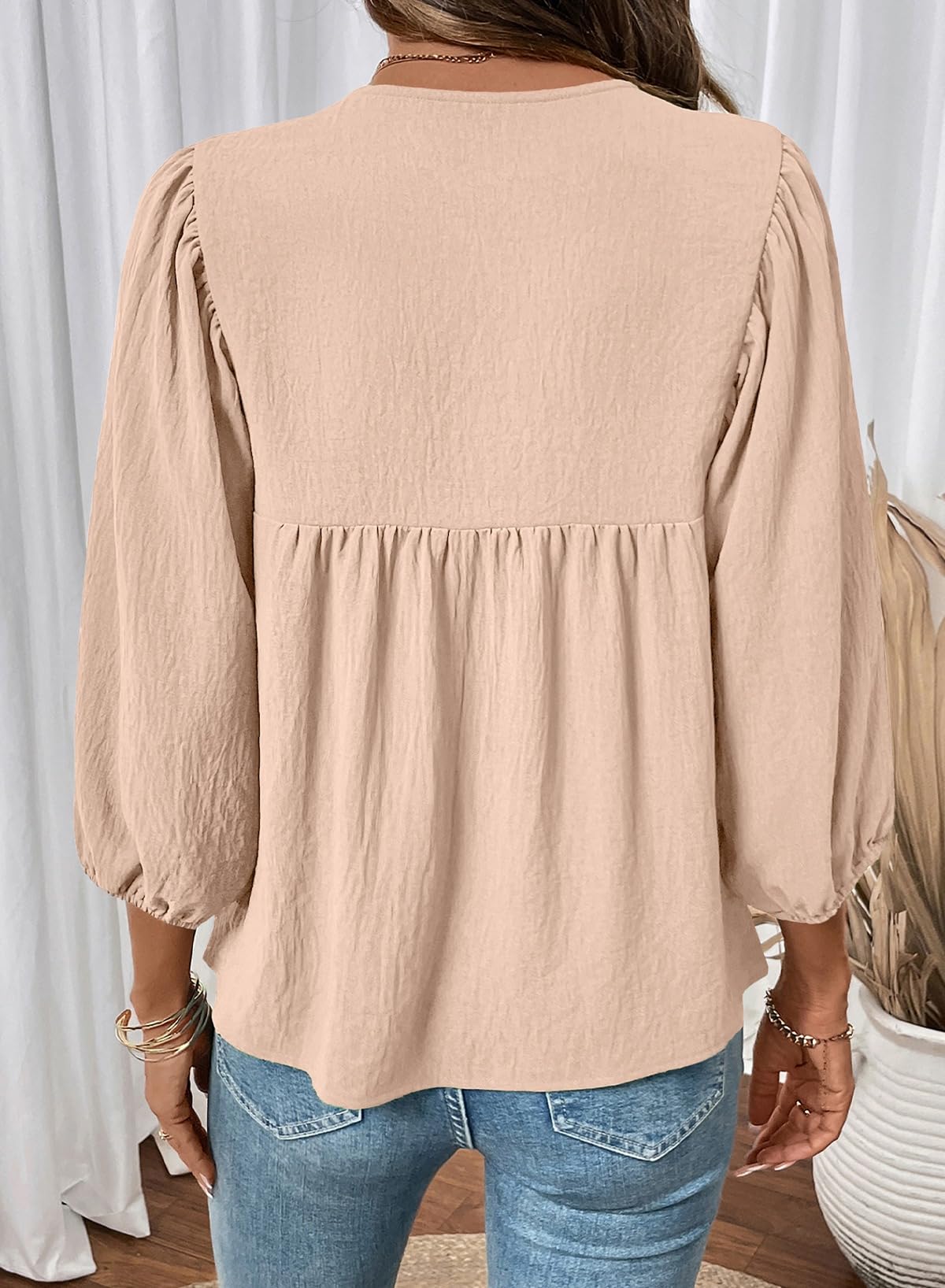 SHEWIN Womens Tops 3/4 Sleeves Blouse Babydoll Dressy Casual Top Elegant Bow Tie Loose Ladies Shirts 2026