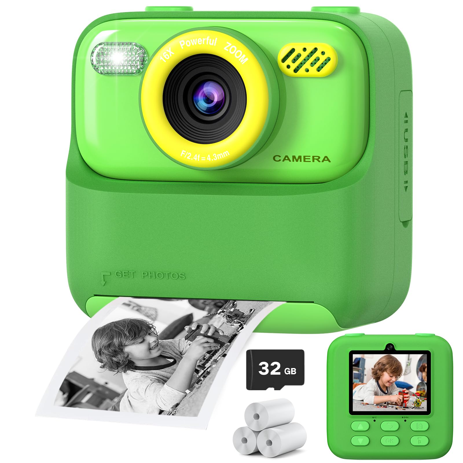 Kids Instant Digital Cameras for Boys and Girls, 1080P HD Dual-Lens Selfie Digital Camera with Print Paper & 32G Card, Christmas Birthday Gifts Toys for Toddler and Teenagers Age 3-16 Years Old