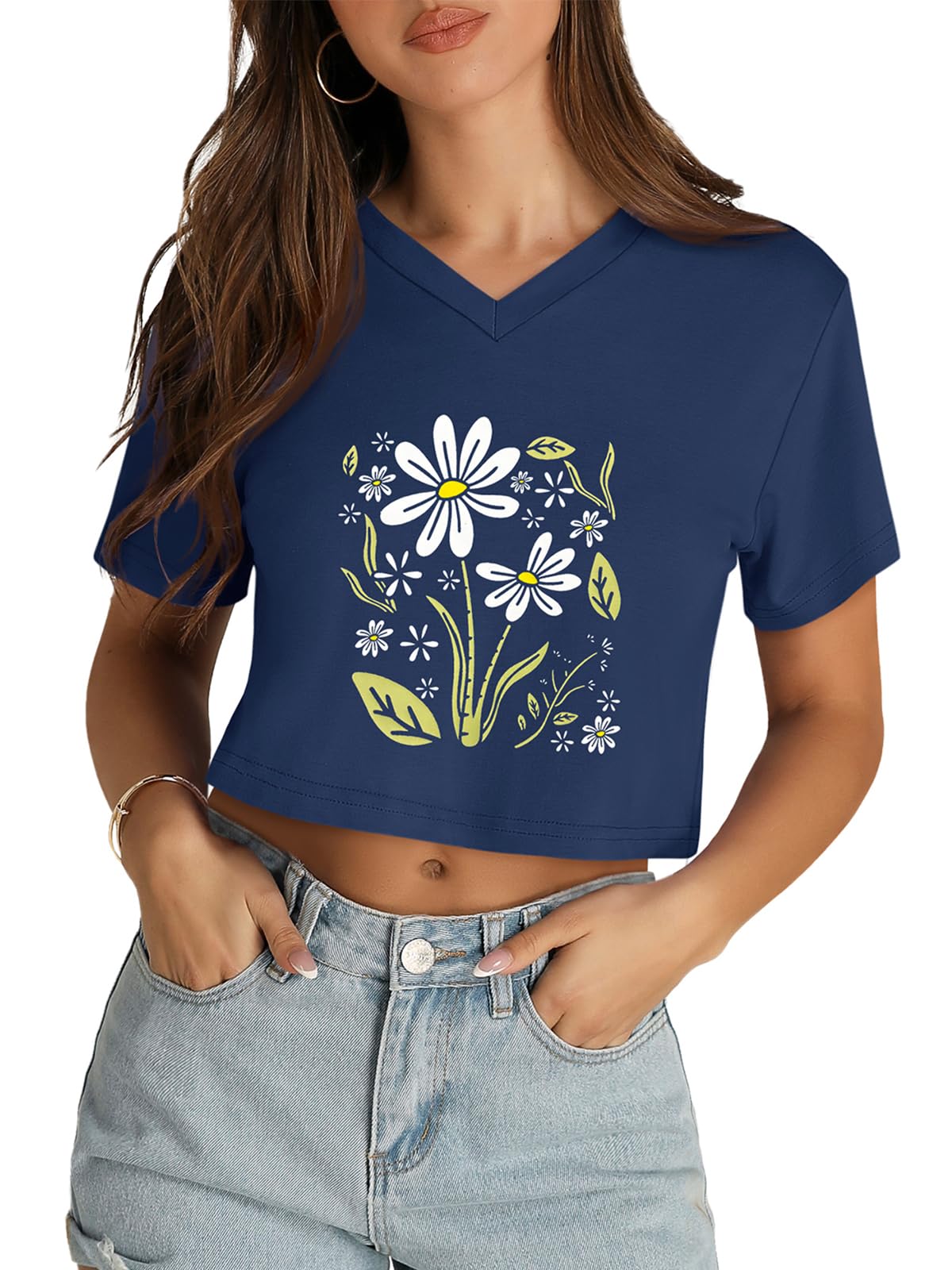 Womens Crop Tops Summer Baisc Tees V Neck T Shirts Casual Short Sleeve Cropped Top 2026