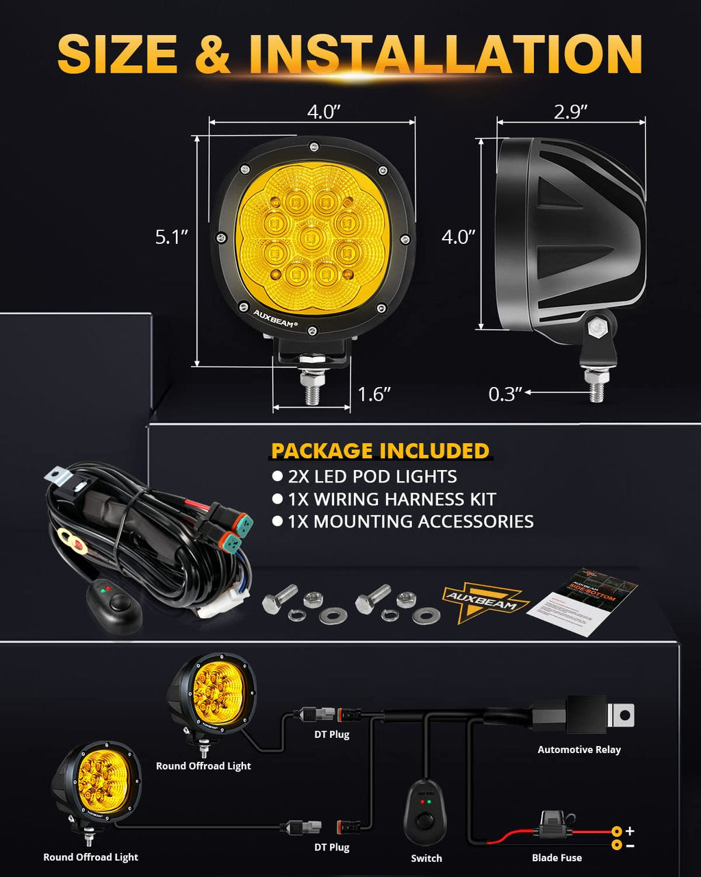 Auxbeam P4 Series Flood Beam LED Pods 4 Inch 90W Round Offroad Fog Lights Driving Flood Light Bar Bumper A-Pillar Hood Mount for Trucks ATV UTV Motorcycle Jeep