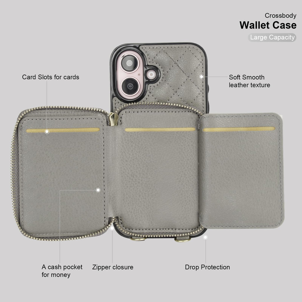 Bocasal Crossbody Wallet Case for iPhone 16, RFID Blocking PU Leather Zipper Handbag Purse Flip Cover, Kickstand Folio Case with Card Slots Holder Wrist Strap Lanyard 5G 6.1 Inch (Black)