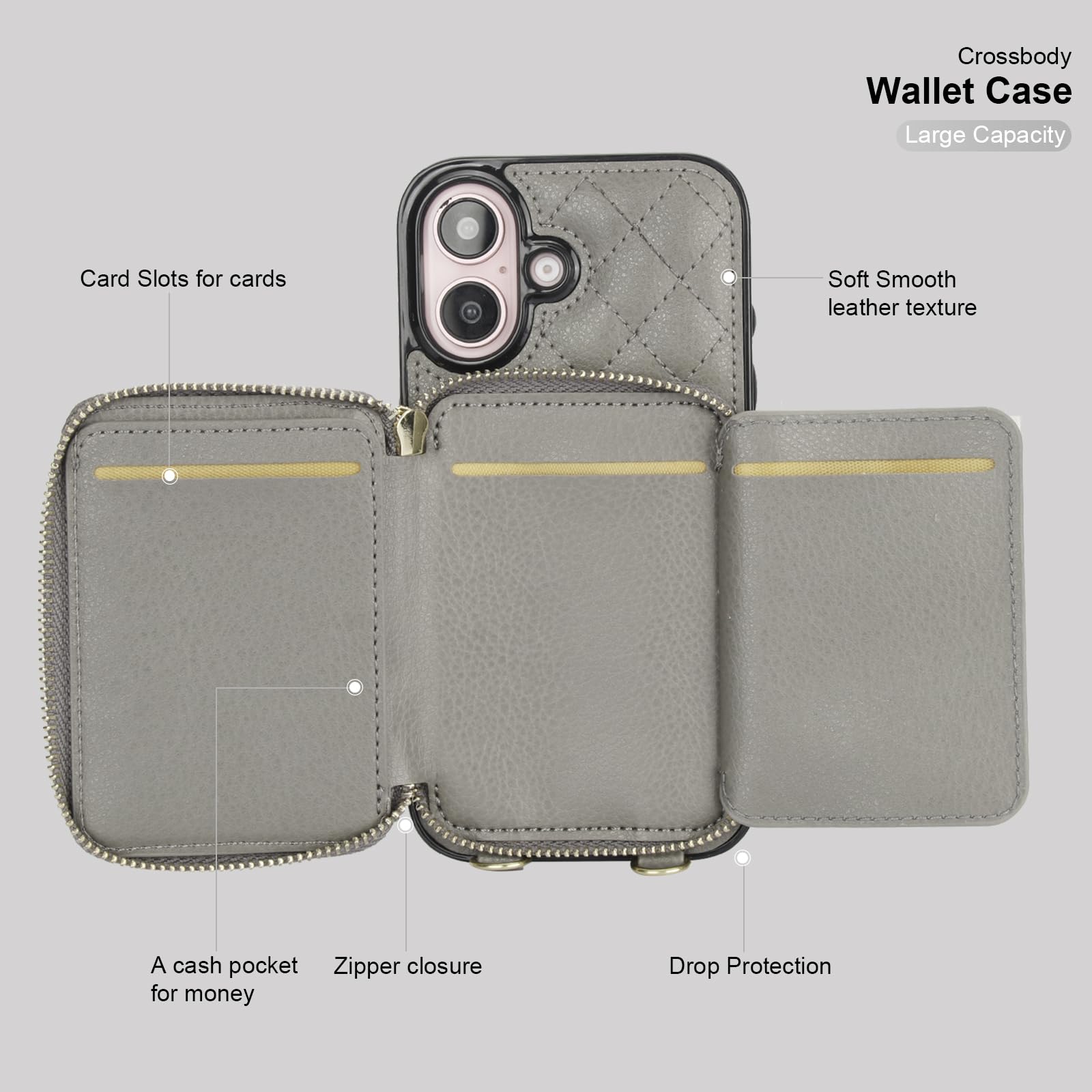 Bocasal Crossbody Wallet Case for iPhone 16, RFID Blocking PU Leather Zipper Handbag Purse Flip Cover, Kickstand Folio Case with Card Slots Holder Wrist Strap Lanyard 5G 6.1 Inch (Black)