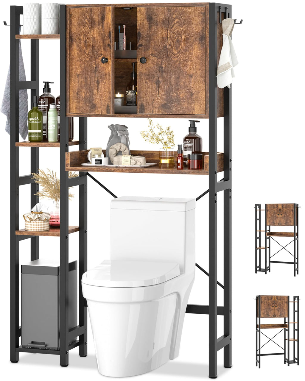 Over The Toilet Storage Cabinet with Doors - 7 Tier Bathroom Organizer with Adjustable Shelf, Freestanding Space Saver Rack Above Toilet Stand with 4 Hooks for Bathroom, Restroom, Laundry, Black