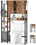 Over The Toilet Storage Cabinet with Doors - 7 Tier Bathroom Organizer with Adjustable Shelf, Freestanding Space Saver Rack Above Toilet Stand with 4 Hooks for Bathroom, Restroom, Laundry, Black