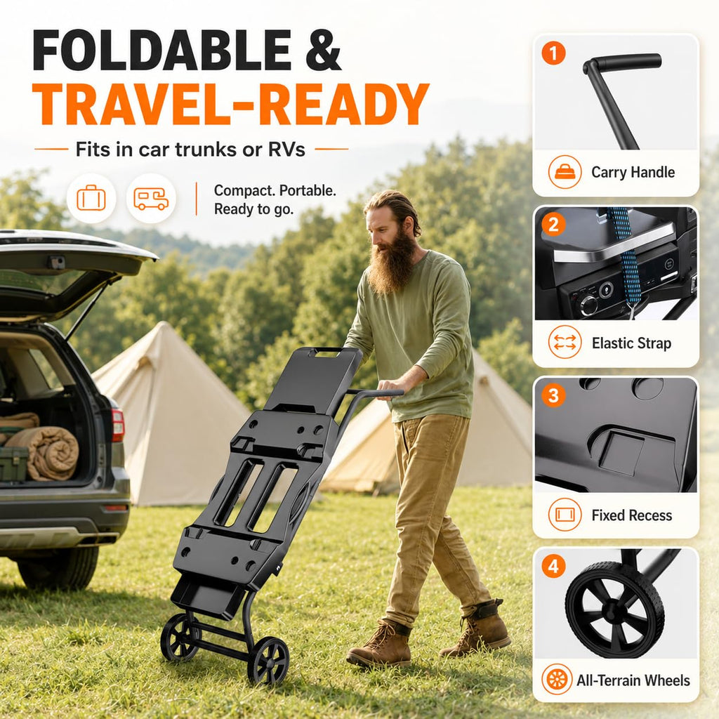 GRISUN Foldable Grill Table Stand for Ninja Woodfire Outdoor Grill（OG700/701/751), Portable Camping Table for Blackstone 22", Portable BBQ Stand with 2 Wheels, Side Table & Storage Basket
