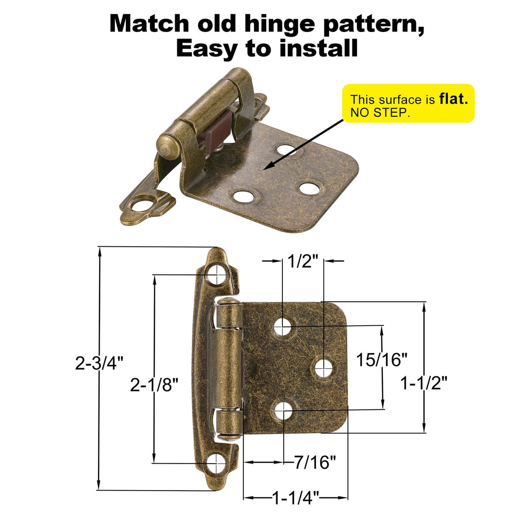 4 Pack (2 Pairs) Antique Brass Self Closing Cabinet Hinges for Kitchen Cabinet Door, 1/2" Overlay (Variable) Semi Concealed Kitchen Cabinet Hinges