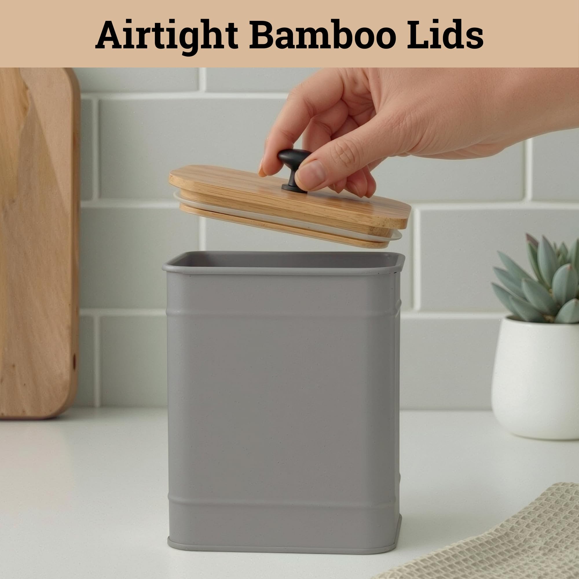Kitchen Canisters for Countertop Set of 4 w/ Chalkboard Labels & Marker Pen | Airtight Easy Open Bamboo Lids, Dent-Resistant Thick Metal, Customizable Chalkboard Labels, Marker Pen Included, Set of 4