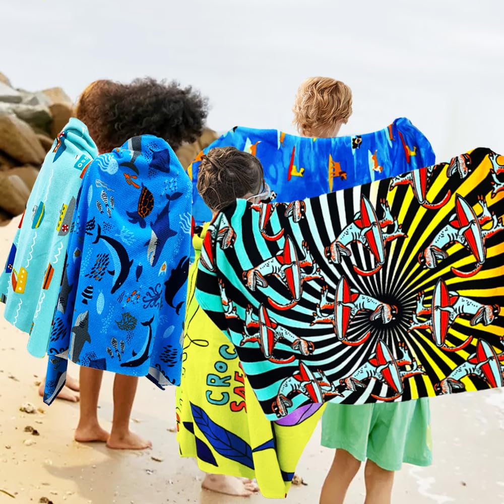 Kids Beach Towel Velour Terry Blanket Throw 100% Cotton Super Soft Absorbent 25.5X51 inches for Bath Swimming Sports Camping Holiday Picnic, Bus Coconut Parasol Lounge Audio Player.