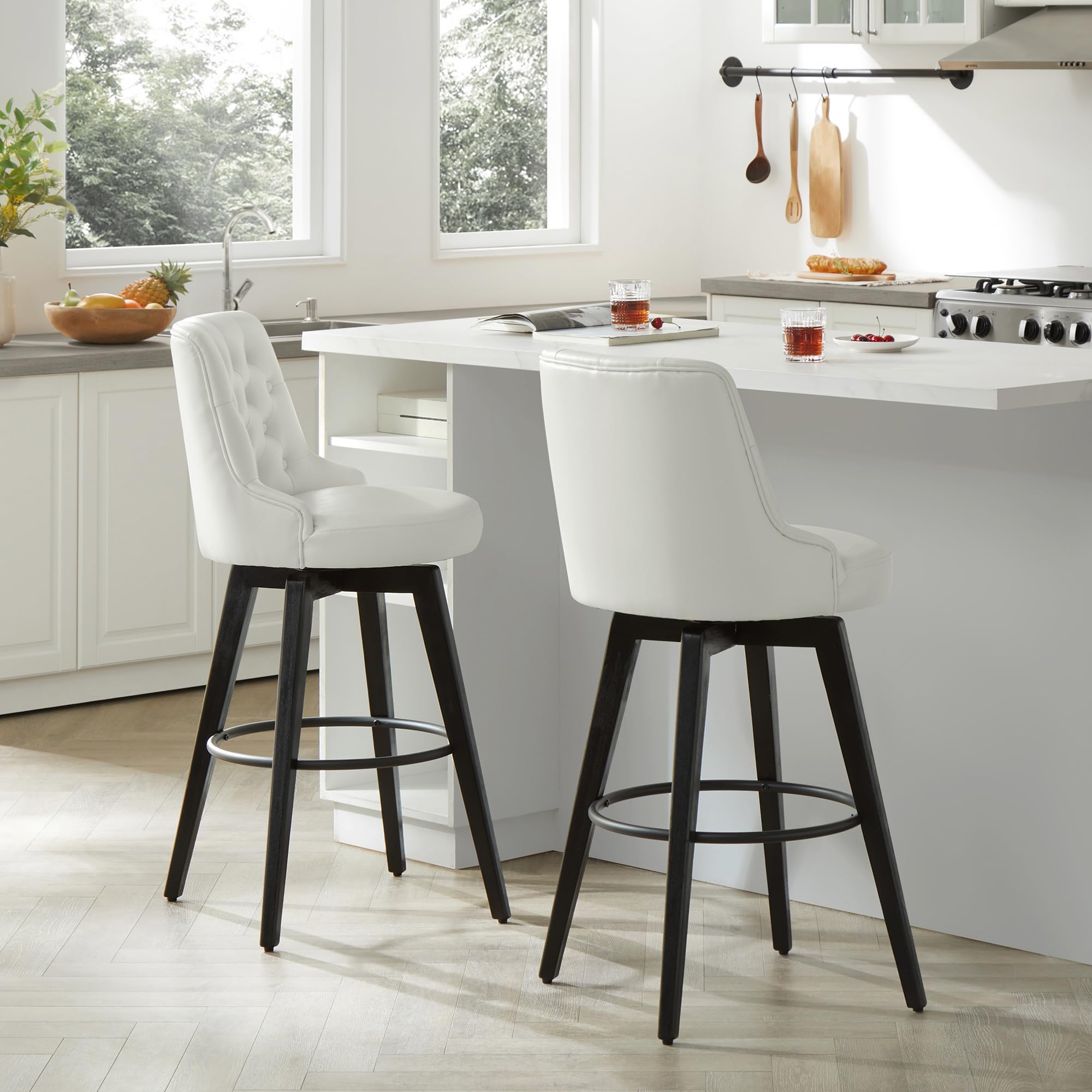 Watson & Whitely Counter Height Bar Stools, Performance Fabric Upholstered Modern Swivel Barstool with Back, Solid Wood Legs, 26" H Seat, Flint Grey