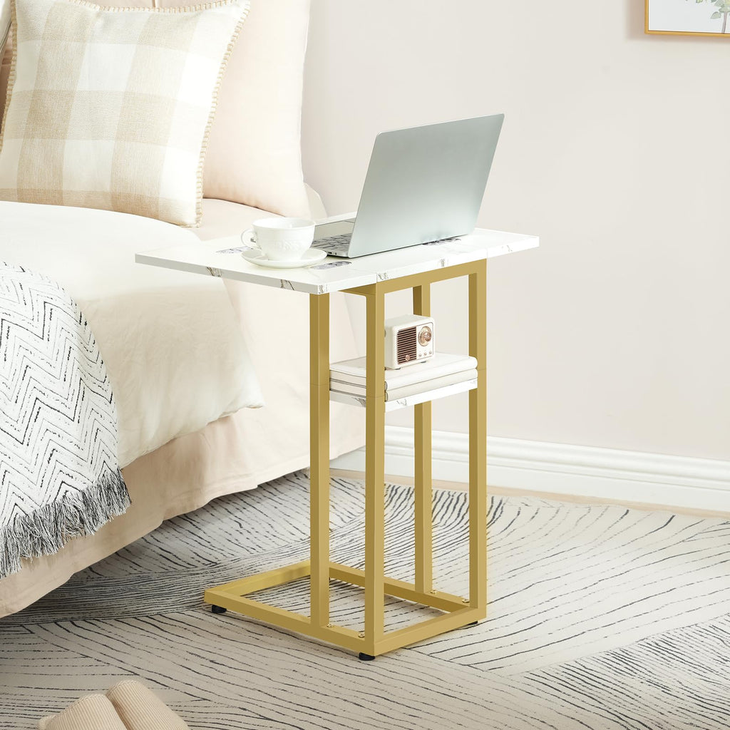 HOOBRO Foldable C Shaped End Table, C Shaped Side Table with Storage Shelf, Small Snack Table, Slide Under Couch Table for Sofa, Living Room Bedroom Small Spaces Easy Assembly, Black BK29SF01