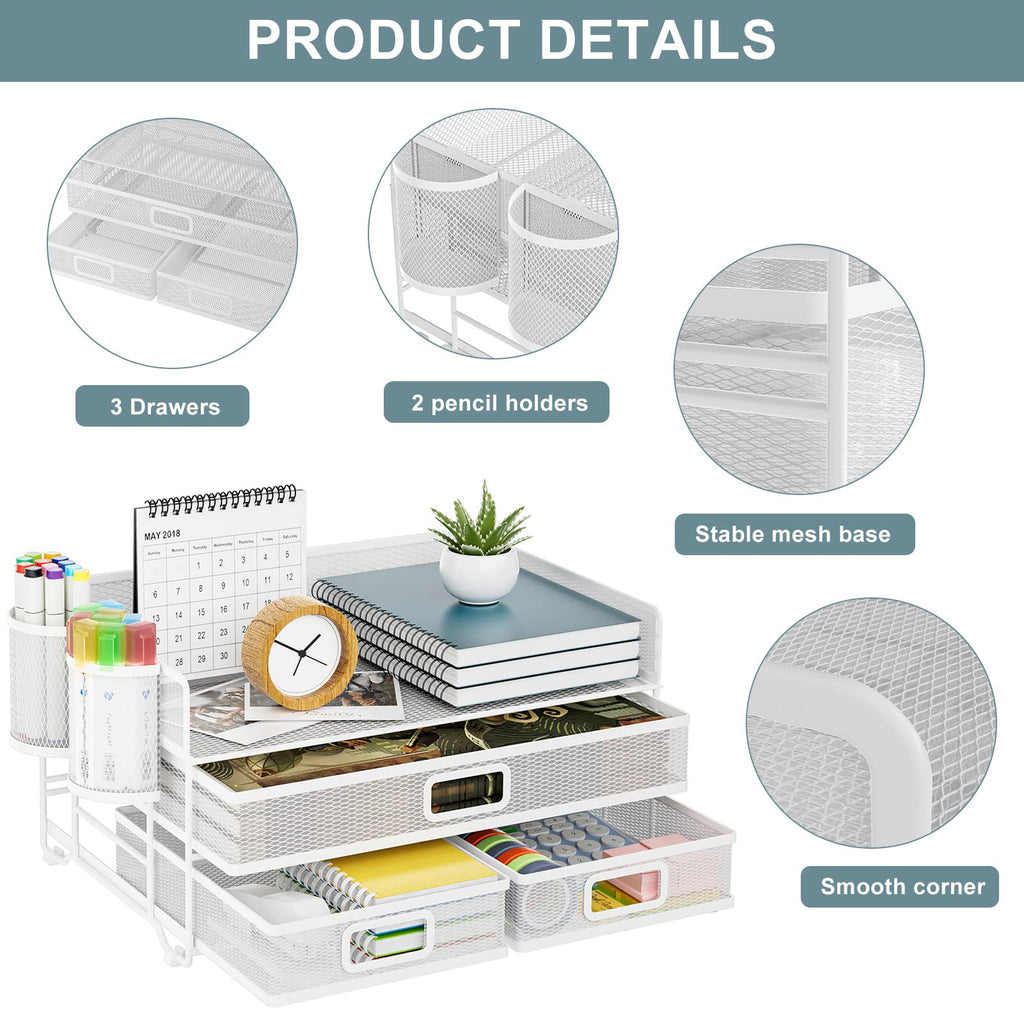 Marbrasse 3 Tier Mesh Desk Organizer with Drawer, Multi-Functional Desk Organizers and Accessories, Paper Letter Organizer with 2 Pen Holder for Home Office Supplies (Black)
