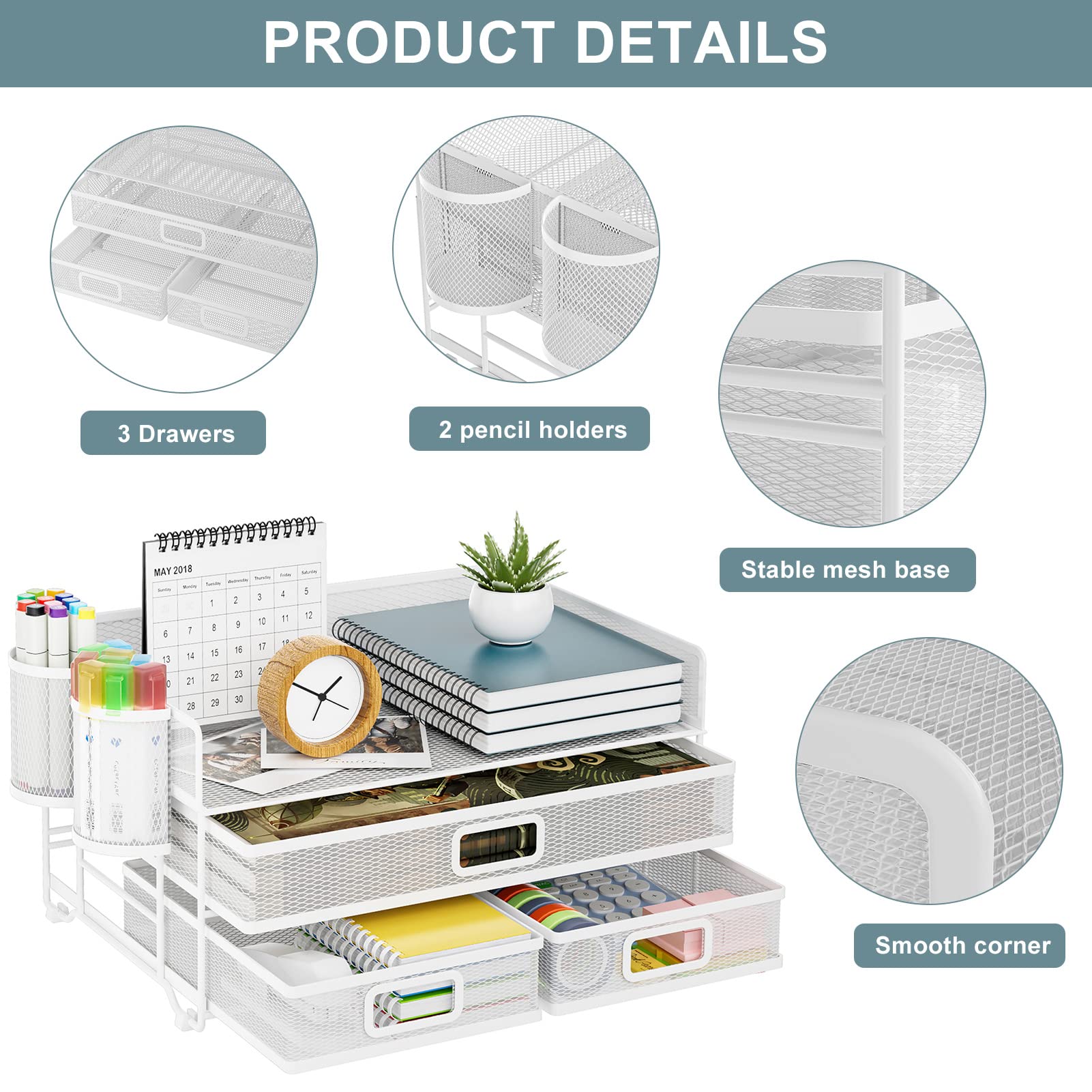 Marbrasse 3 Tier Mesh Desk Organizer with Drawer, Multi-Functional Desk Organizers and Accessories, Paper Letter Organizer with 2 Pen Holder for Home Office Supplies (Black)