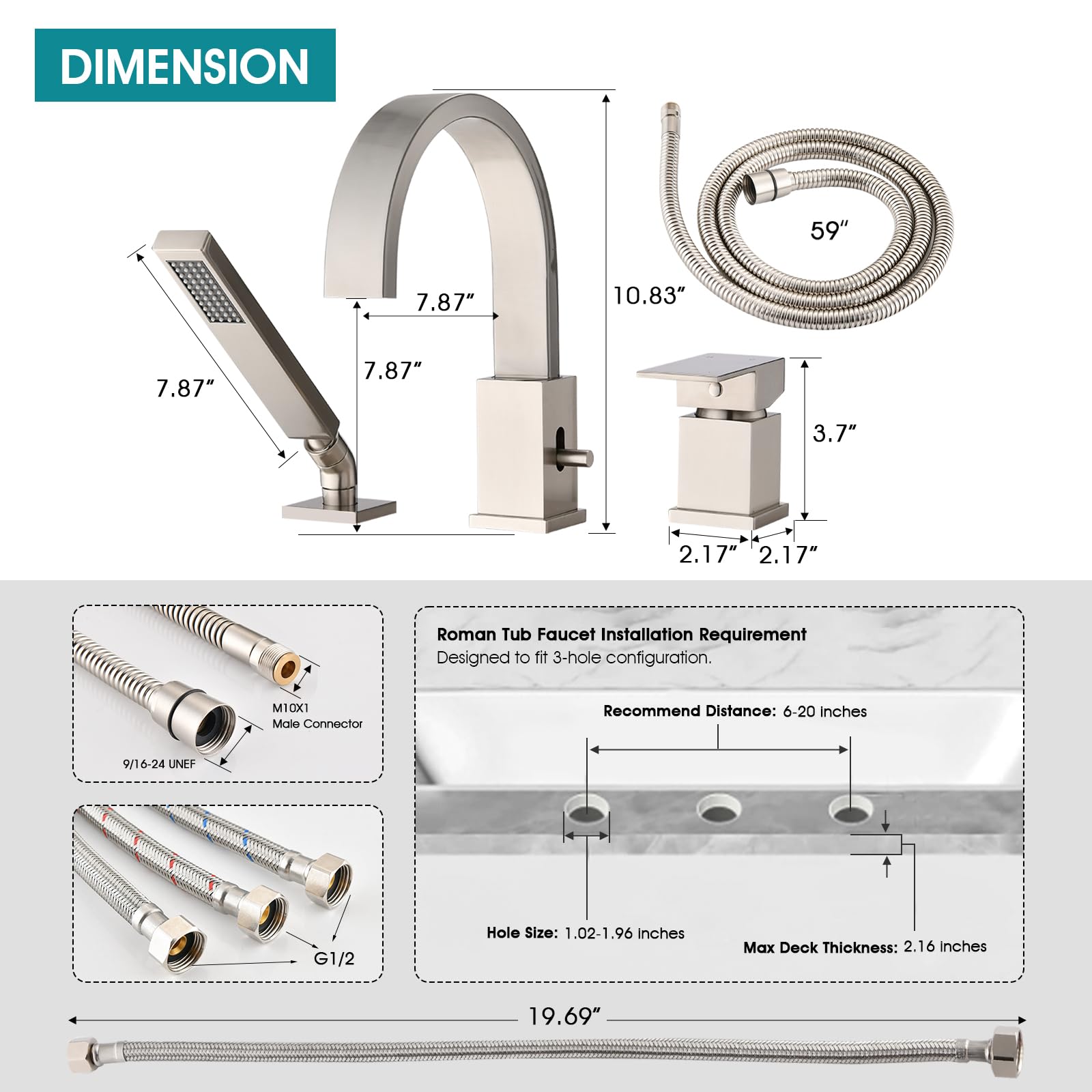 Brass Roman Tub Faucet with Sprayer, Deck Mount Bathtub Faucet with Hand Shower, 3 Hole Waterfall Faucet with 360 Spout, Single Handle Tub Filler with 8 GPM High Flow, Brushed Gold