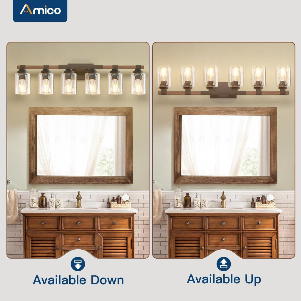Amico 3-Light Farmhouse Vanity Light Fixture, Rustic Wood Bathroom Light Fixtures, Industrial Vintage Black Wall Sconces Lights with Bubble Glass Shade for Mirror, Bedroom, Living Room, Hallway