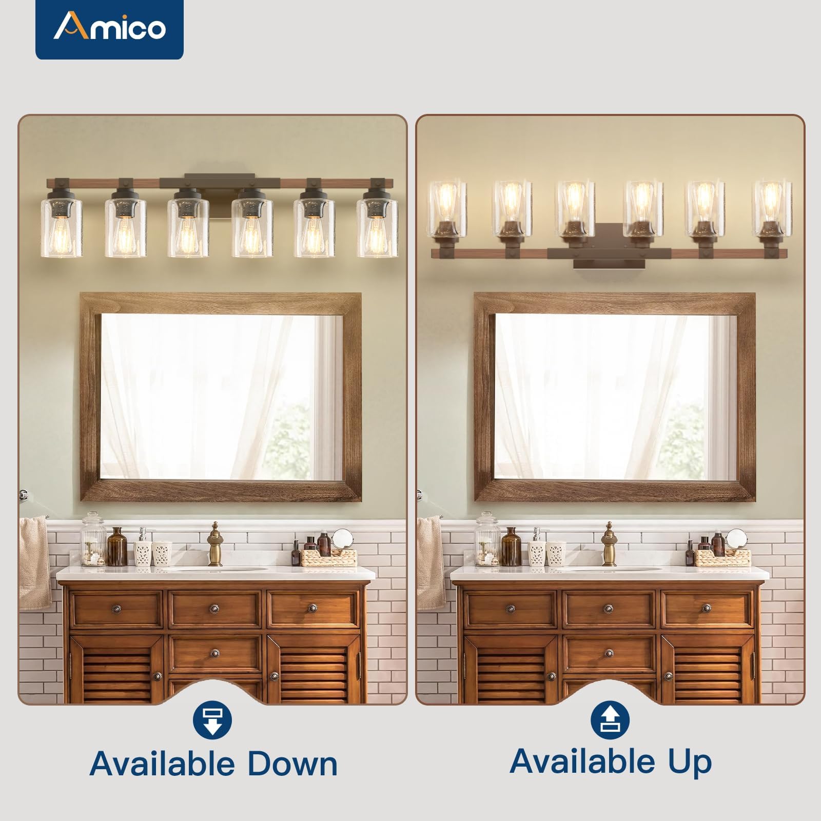 Amico 3-Light Farmhouse Vanity Light Fixture, Rustic Wood Bathroom Light Fixtures, Industrial Vintage Black Wall Sconces Lights with Bubble Glass Shade for Mirror, Bedroom, Living Room, Hallway