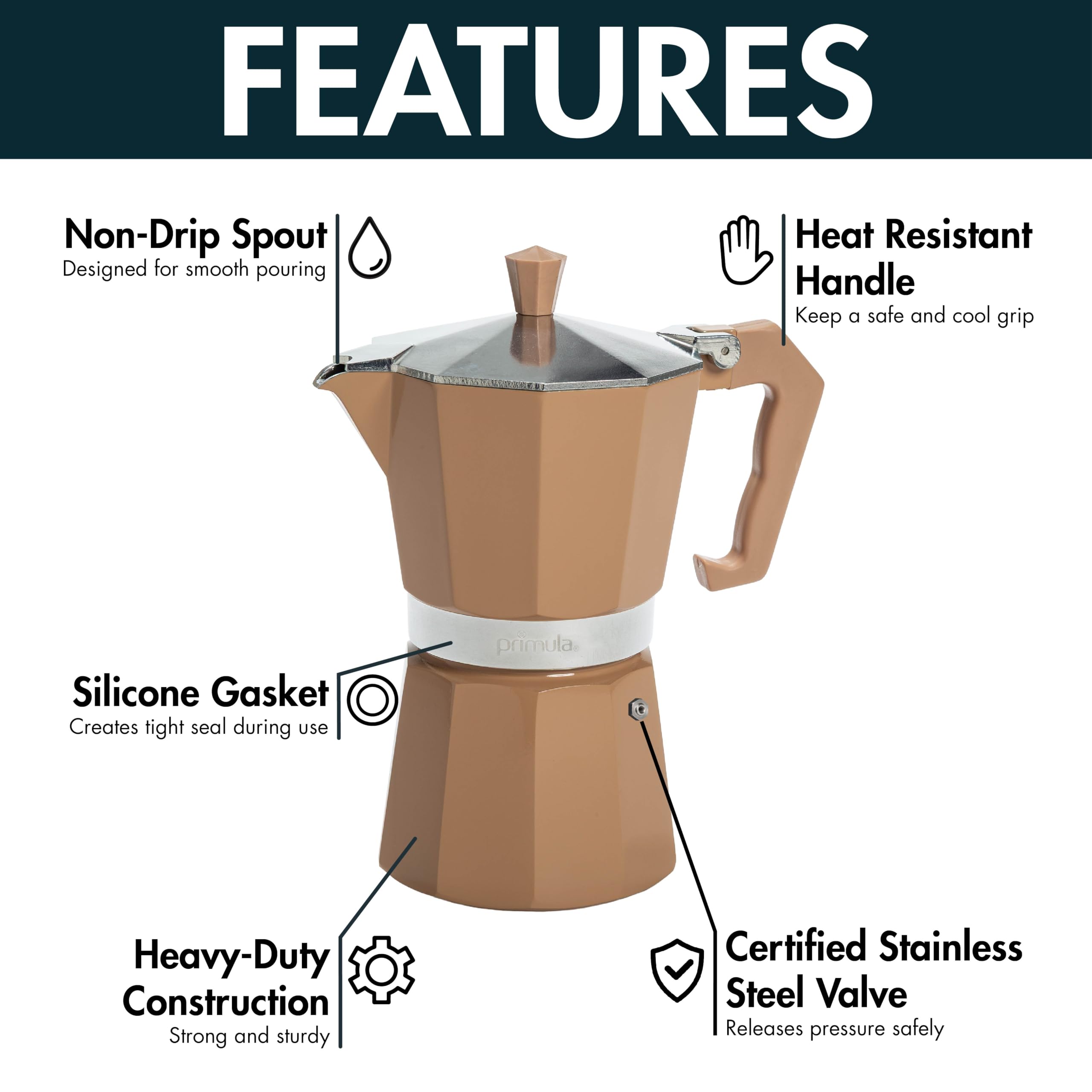 Primula Classic Moka Pot Stovetop Espresso and Coffee Maker, Italian and Cuban Cafetera for Rich Espresso Brewing, Durable Aluminum Greca Coffee Maker with Easy Grip Handle, 6-Cup, Black