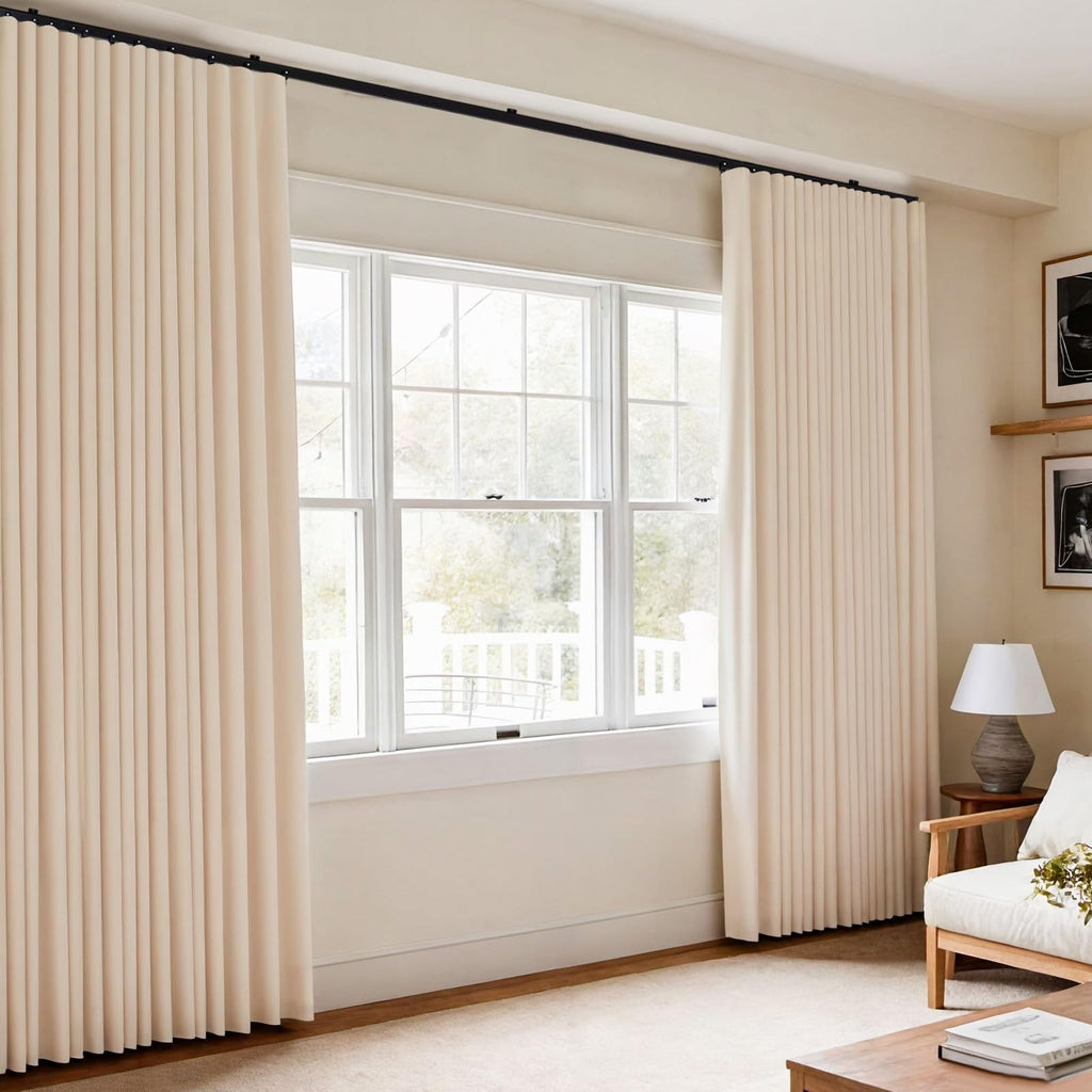 Room Divider Blackout Curtains Flexible Sliding Tracks Sets Ceiling Mounted Rod Window Curtain Privacy Separation for Bedroom Living Rooms,1 Panel Beige Drape and Black Track Set-W108xH72 in
