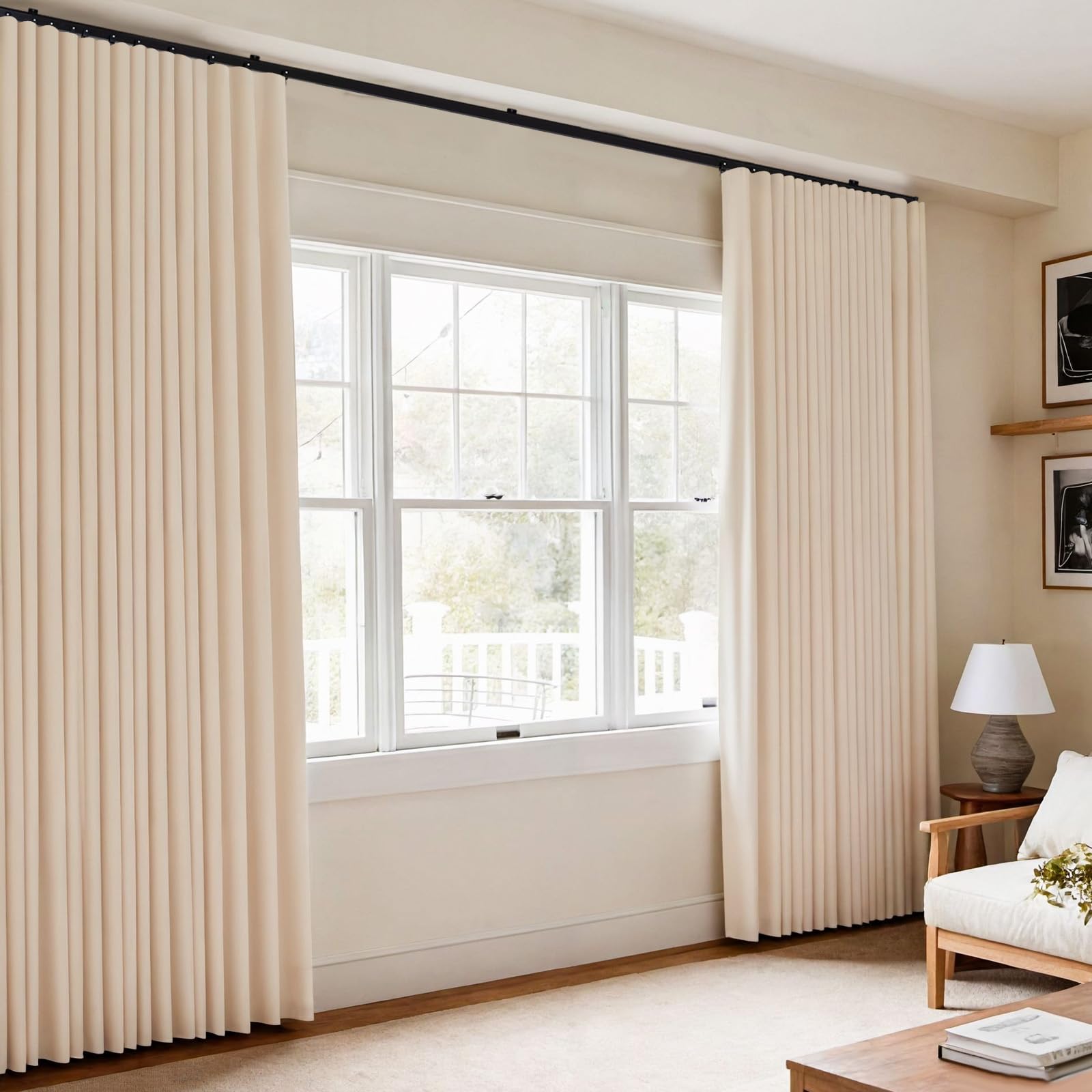 Room Divider Blackout Curtains Flexible Sliding Tracks Sets Ceiling Mounted Rod Window Curtain Privacy Separation for Bedroom Living Rooms,1 Panel Beige Drape and Black Track Set-W108xH72 in