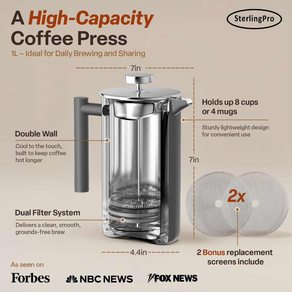 SterlingPro Stainless Steel French Press Coffee Maker 1 L (34 oz) Black – Double Walled Insulated Large Coffee Press, Durable Design Keeps Drinks Hot, Easy to Use and Clean for Rich Flavor Brewing