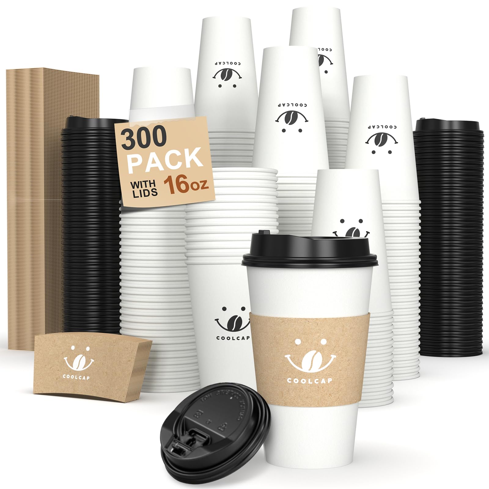 16 oz 100 Pack Corrugated Ripple Wall Disposable Coffee Cups with Lids and Straws, Heavy Duty Insulated Cups for Hot Beverage or Cold Drinks, Bulk for Restaurants, Offices, Coffee Shops(Black)