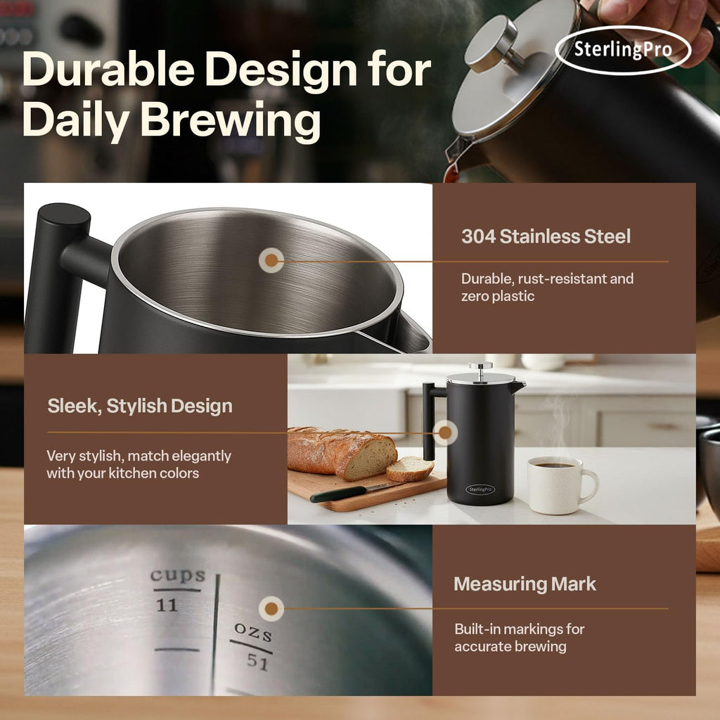 SterlingPro Stainless Steel French Press Coffee Maker 1 L (34 oz) Black – Double Walled Insulated Large Coffee Press, Durable Design Keeps Drinks Hot, Easy to Use and Clean for Rich Flavor Brewing