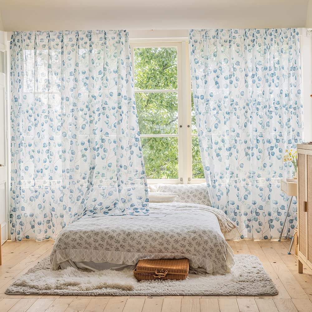 SUOUO Blue Leaf Semi Sheer White Curtains for Bedroom Dining Living Room Linen Textured 84 inches Long Rod Pocket Boho Window Drapes 2 Panels