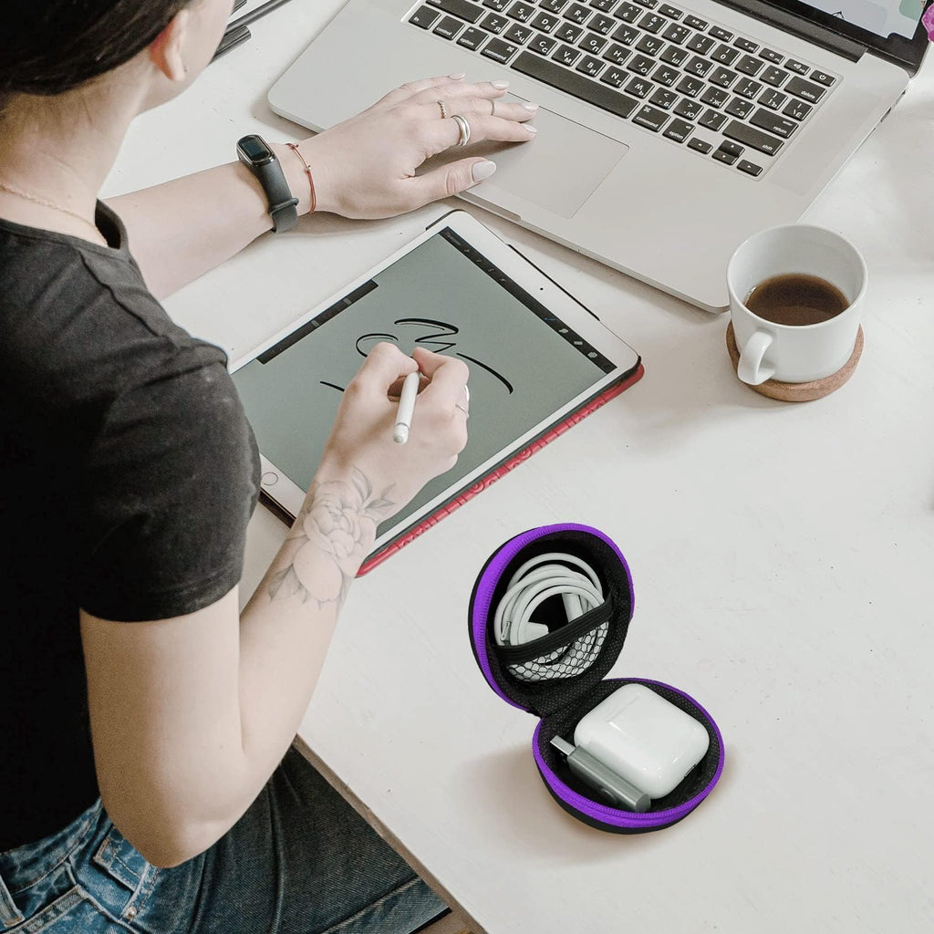 2Pack Oval Earbud Case Portable EVA Carrying Case Storage Bag Cell Phone Accessories Organizer with Carabiner for Earphone, Earbud, Earpieces, SD Memory Card, Camera Chips, Black/Purple