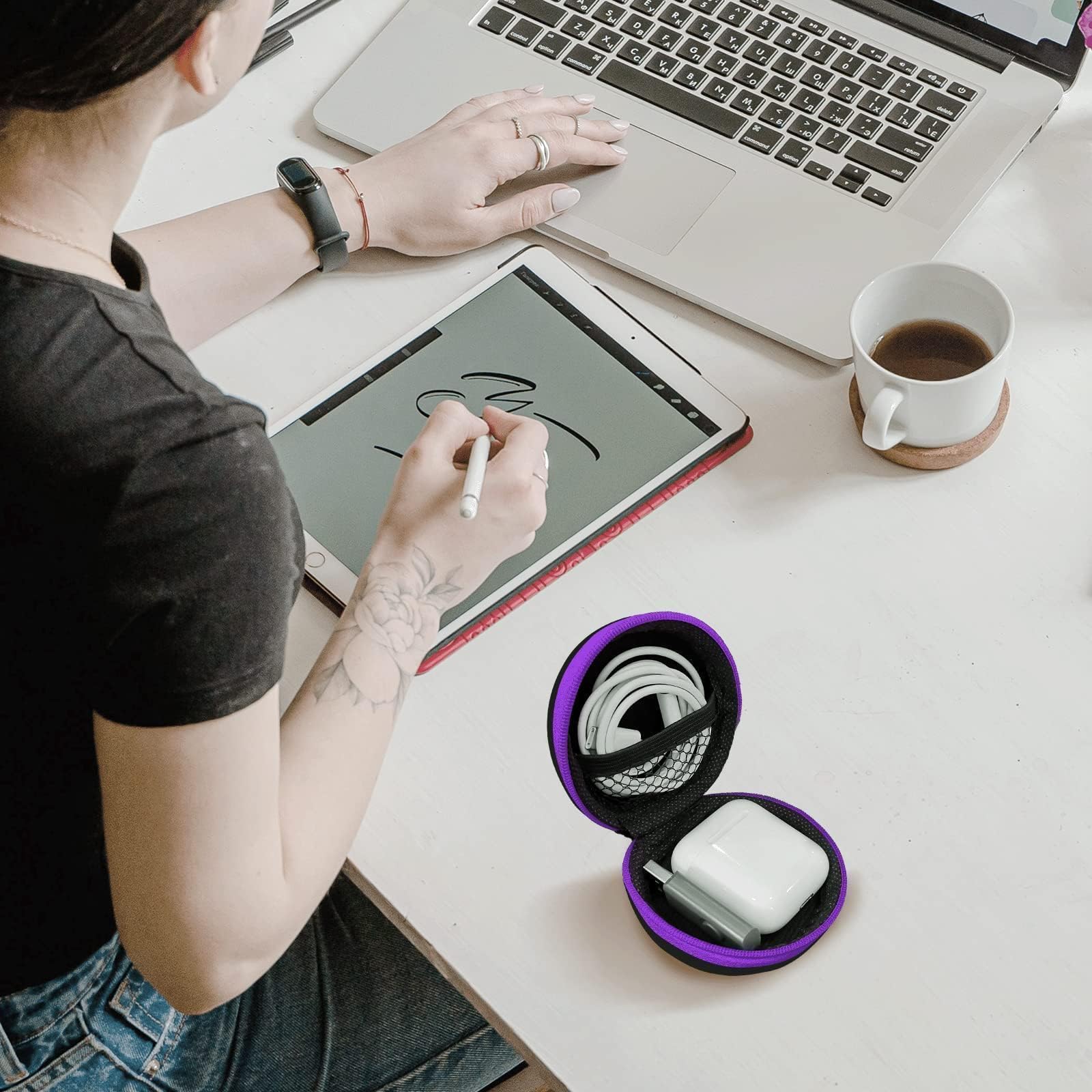 2Pack Oval Earbud Case Portable EVA Carrying Case Storage Bag Cell Phone Accessories Organizer with Carabiner for Earphone, Earbud, Earpieces, SD Memory Card, Camera Chips, Black/Purple