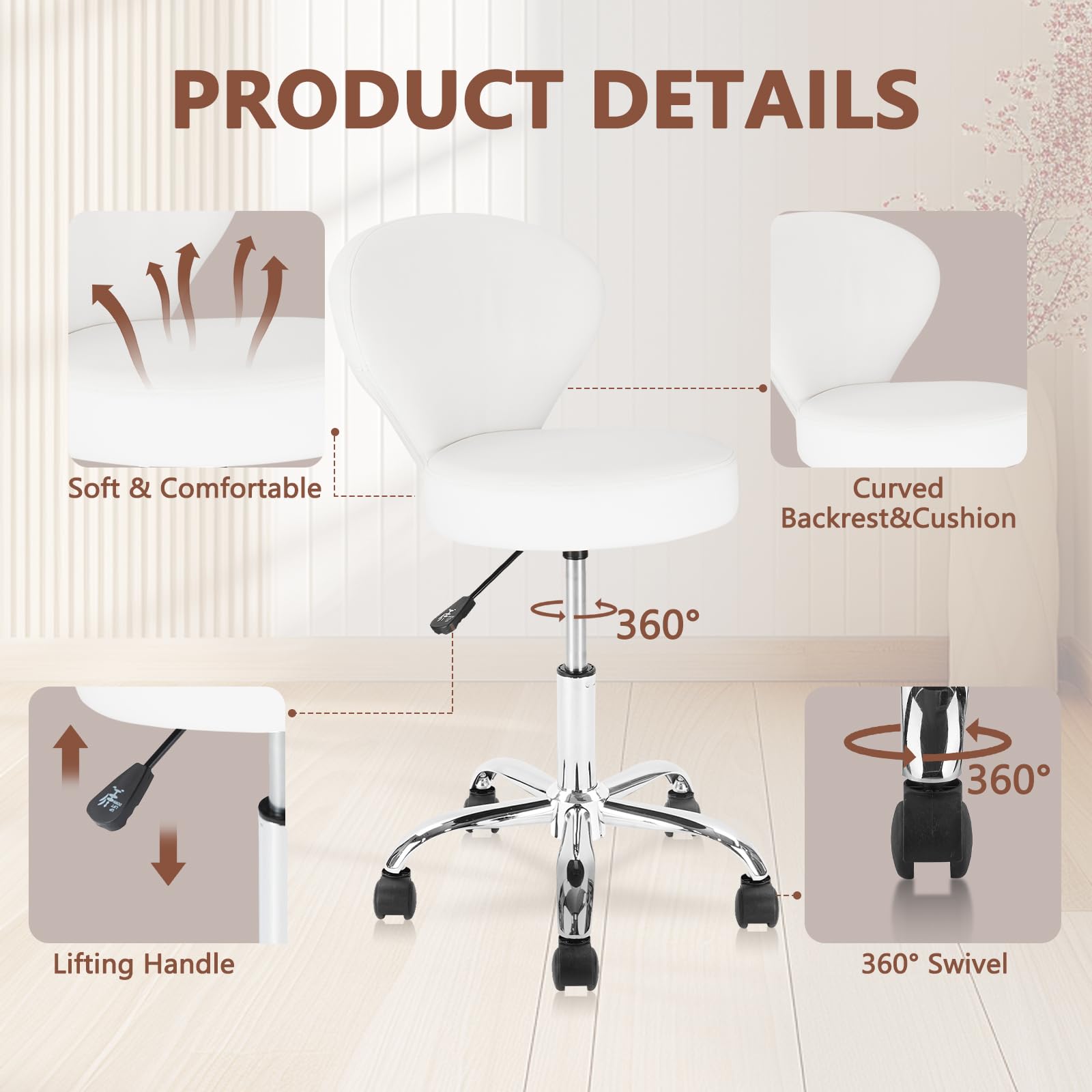 KLASIKA Leather Rolling Swivel Salon Stool Chair with Back Support Adjustable Hydraulic Seat Height 22 in for Office Massage Facial Spa Medical Drafting Tattoo Beauty Barber