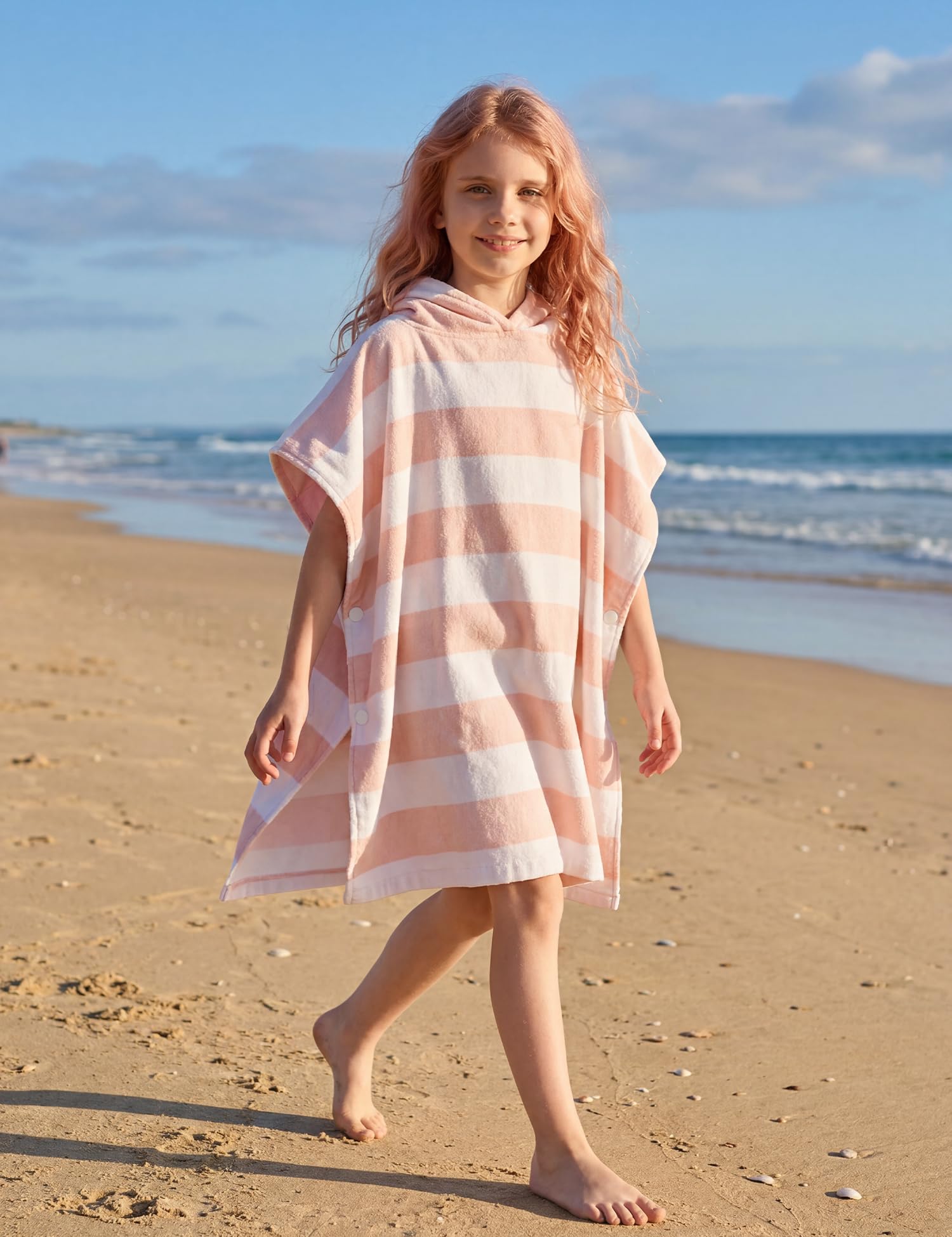 TBEZY Toddler Bath Towel Poncho Thick Cotton Striped Beach Towels for Kids Gifts, Blue, 5-10 Years