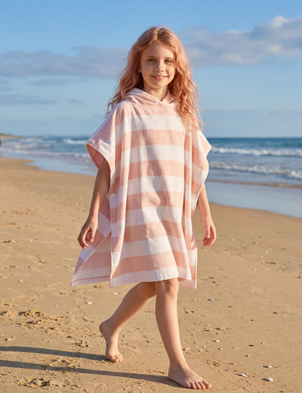 TBEZY Toddler Bath Towel Poncho Thick Cotton Striped Beach Towels for Kids Gifts, Blue, 5-10 Years