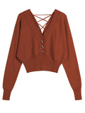 ZAFUL Women V Neck Button Knit Crop Sweaters Batwing Sleeve V Back Ribbed Hem Pullover Sweater