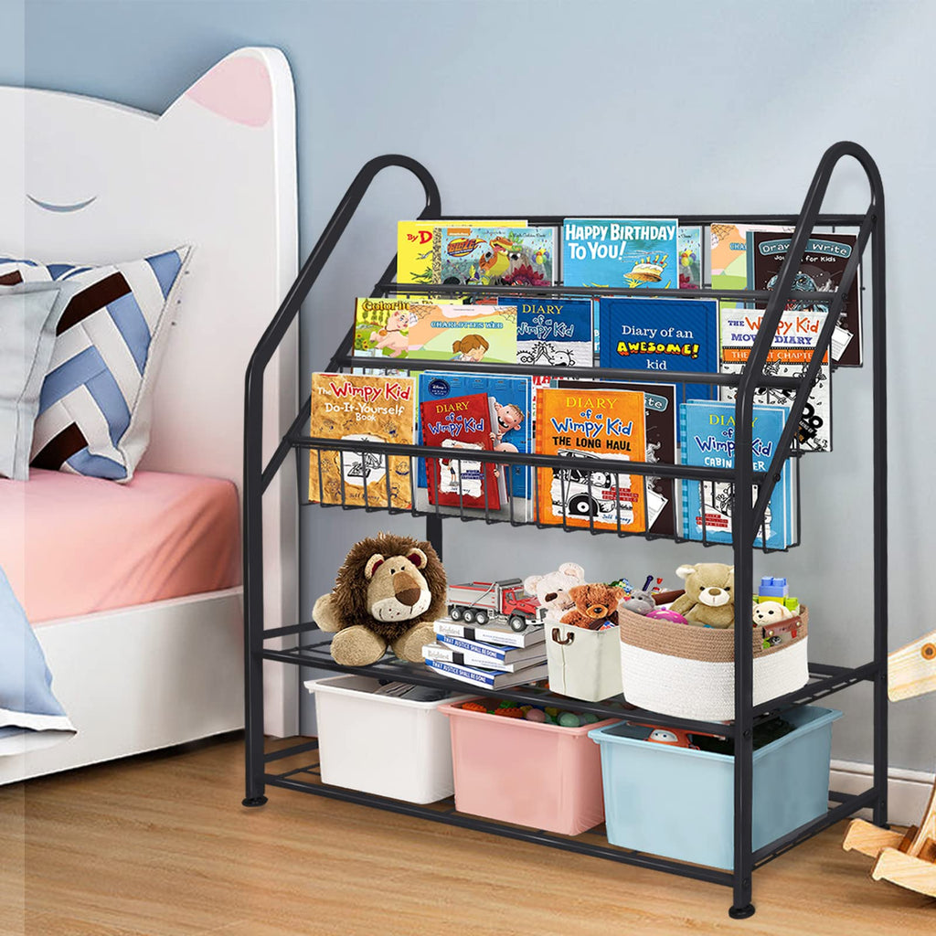 aboxoo Metal Kids Bookshelf Black Large Freestanding for Children Room 32 in Toy Organizer Large Stable Bookcase Bookstore Library Book Unit Storage Kids Bed Living Room
