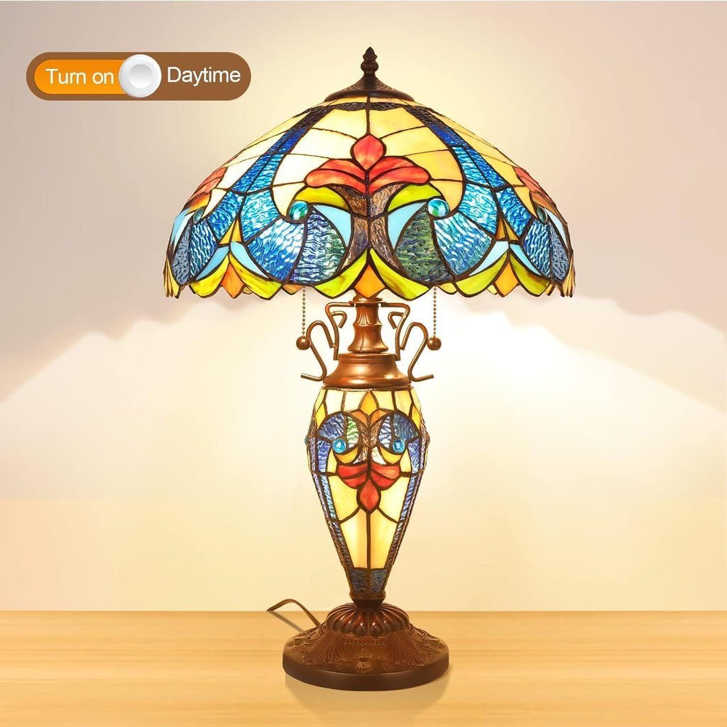 Pterying Tiffany Lamp, 24'' Tall Tiffany Table Lamp with Retro Pull Switch, 3 LED Bulbs Included, Vintage Living Room Bedroom Home Office Bedside Reading Lamp