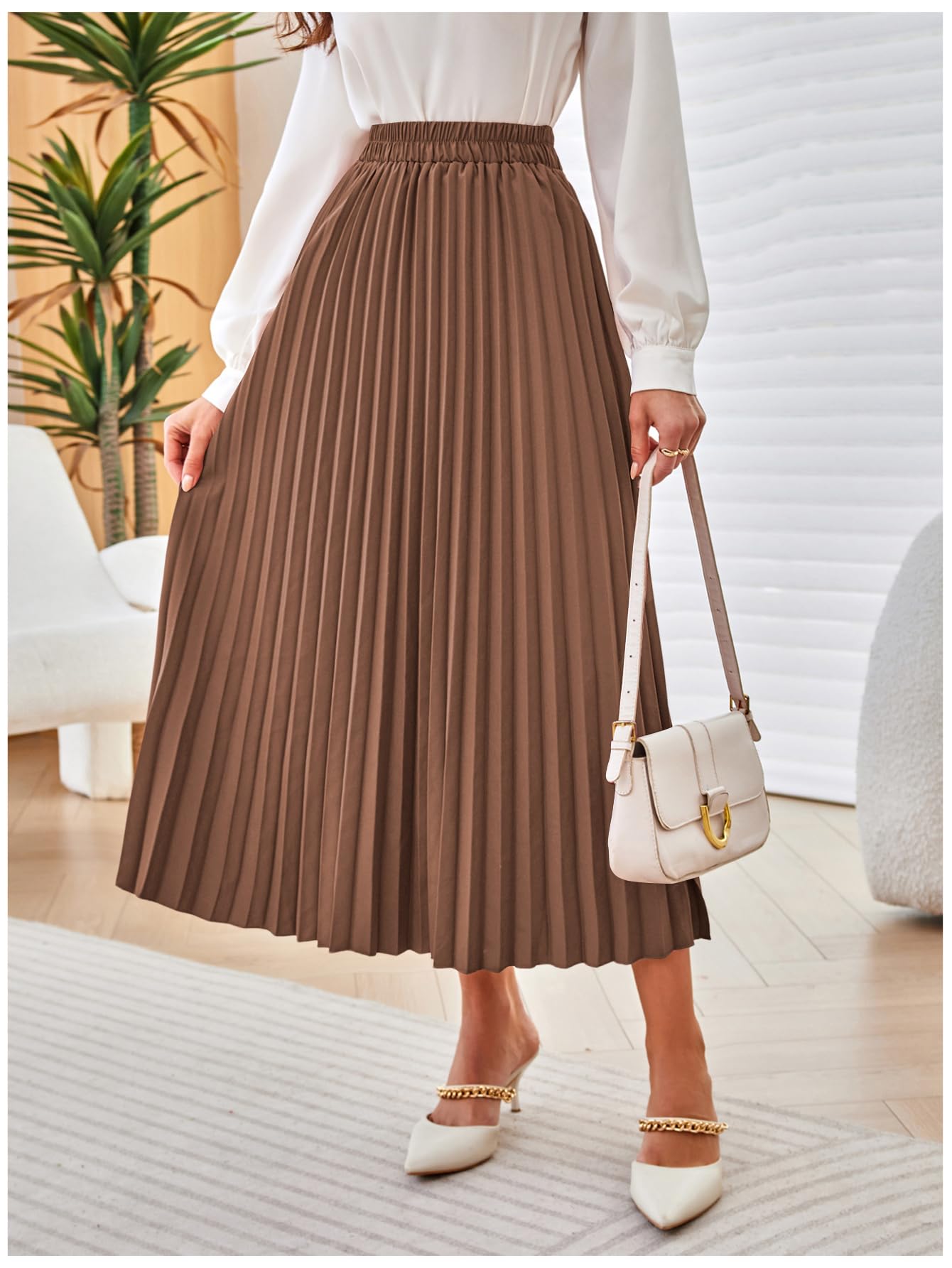 SweatyRocks Women's Casual Solid Longline Pleated Long Skirt