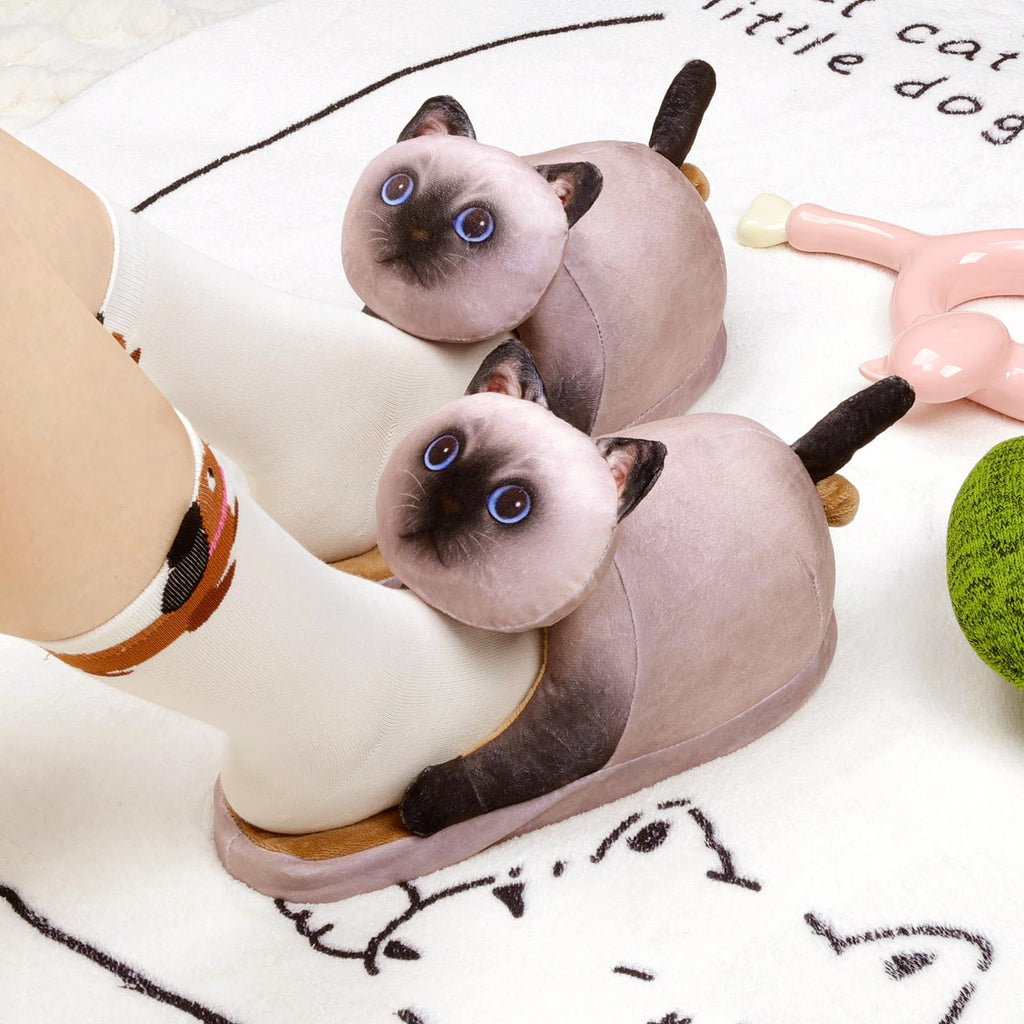 Funny Cat Slippers for Women,Fuzzy Animal Indoor House Shoes with Soft Memory Foam,Comfy Plush Warm Slip-on Slippers,Cat Gifts for Cat Lover