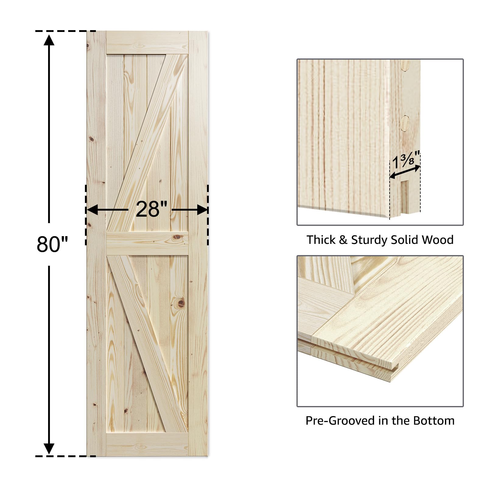SmartStandard 24in x 80in Sliding Barn Wood Door Pre-Drilled Ready to Assemble, DIY Unfinished Solid Spruce Wood Panelled Slab, Interior Single Door Only, Natural, K-Frame (Fit 4FT Rail)