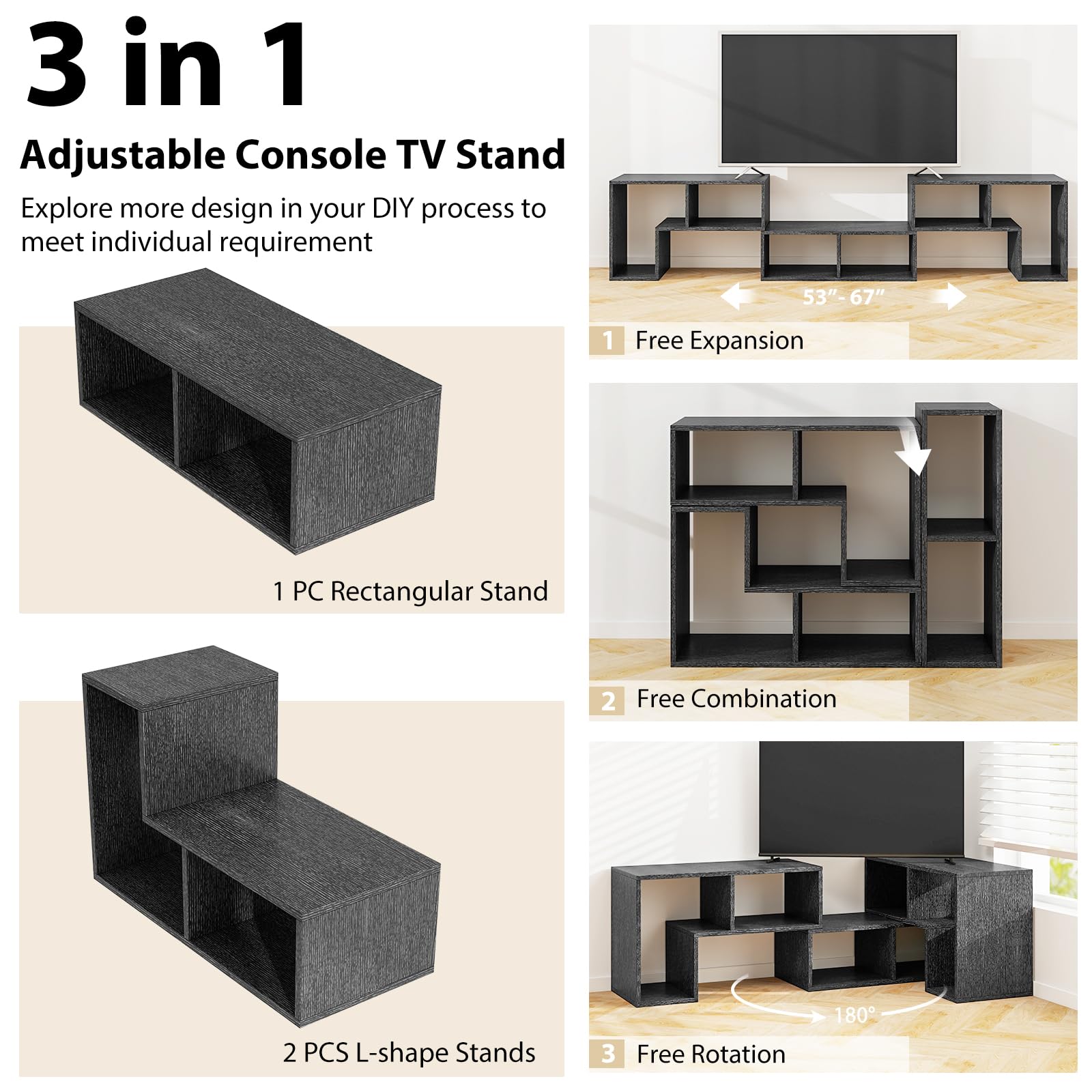 Tangkula 3 Pieces Console TV Stand, Free-Combination Entertainment Center for 50 55 60 65 Inch TV, Minimalist Modern TV Media Stand, DIY Open Storage Bookcase Shelf for Living Room (Black)