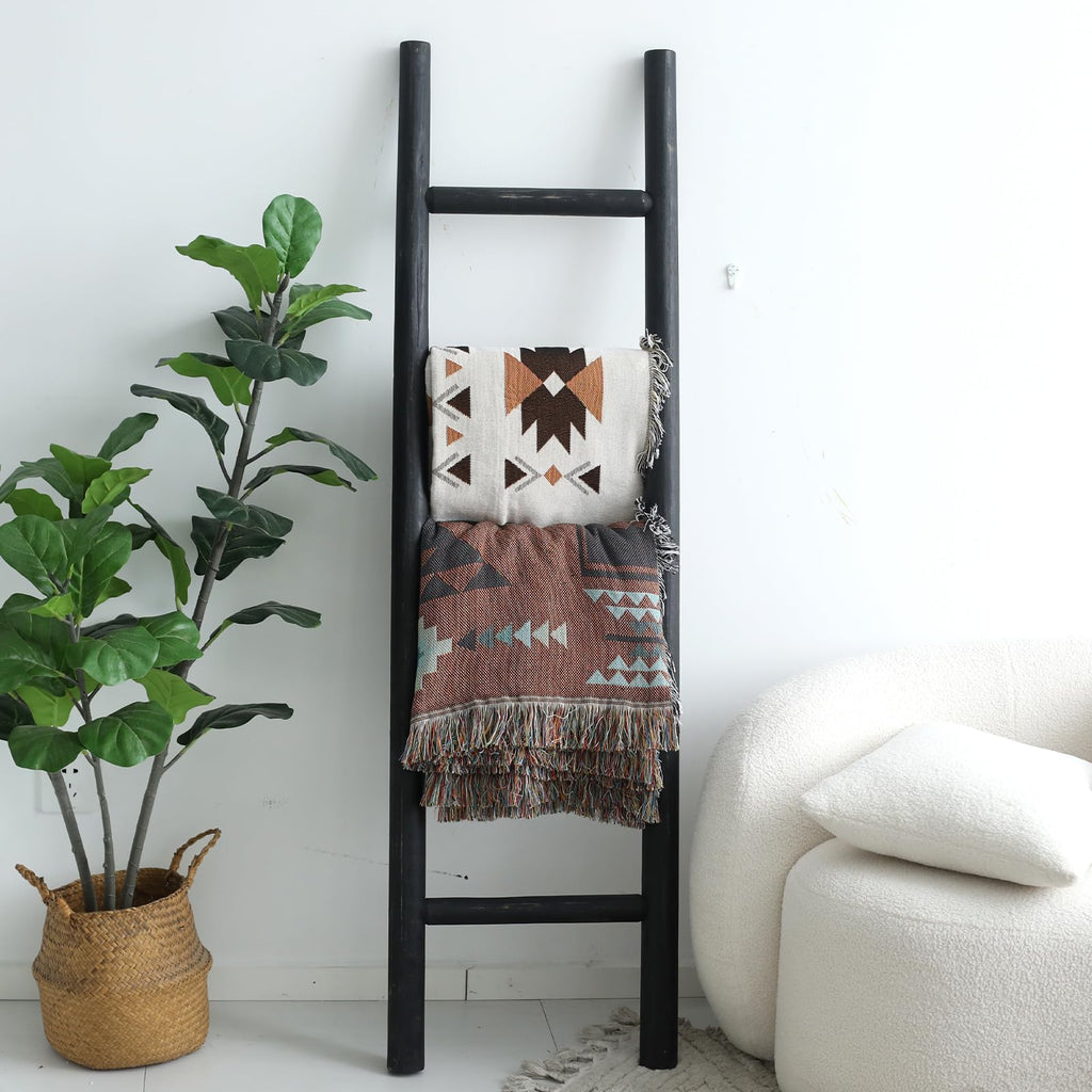 FUIN 57in Wood Blanket Ladder Living Room Decorative Wall Leaning Farmhouse Quilt Display Holder Rustic Wooden Towel Rack for Bathroom, Black
