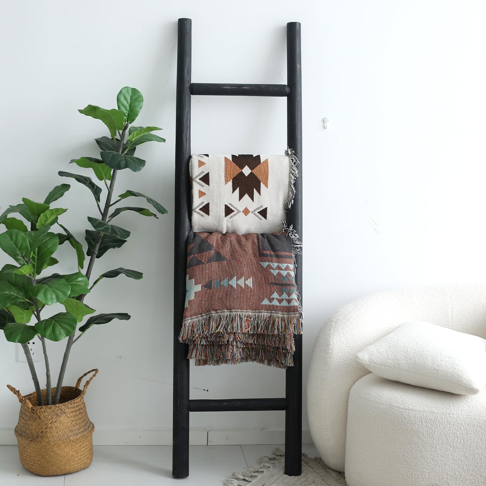 FUIN 57in Wood Blanket Ladder Living Room Decorative Wall Leaning Farmhouse Quilt Display Holder Rustic Wooden Towel Rack for Bathroom, Black