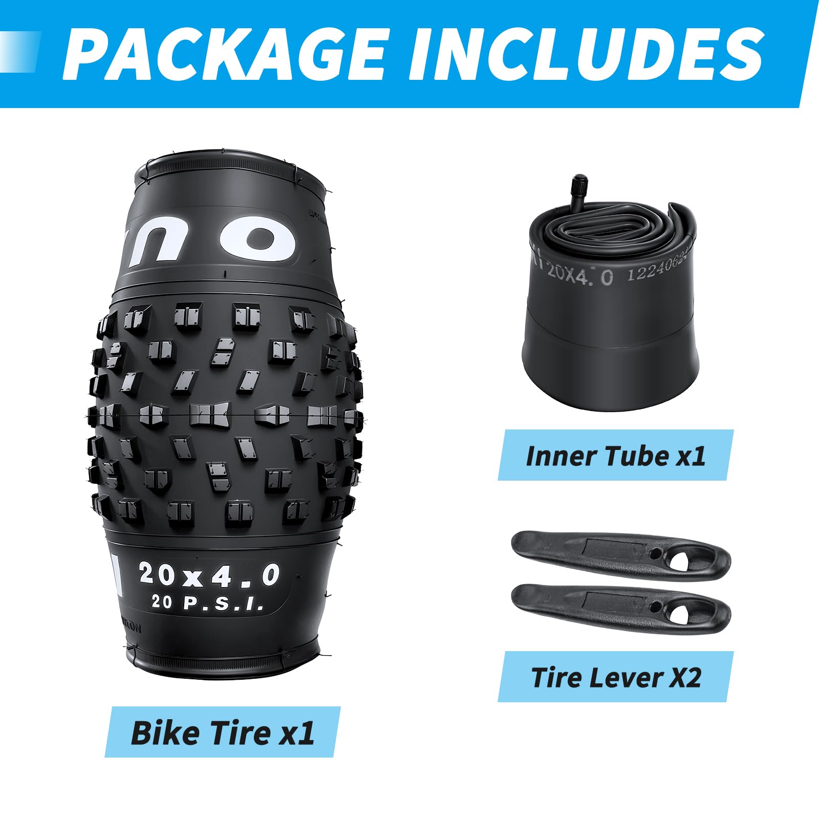 OUXI 20x4.0 Fat Tire Tube, Puncture Resistant Folding MTB Replacement Tire, 20x4.0 Fat Tyre for MTB and Ebikes, All-Terrain Directional Tread Bicycle Tires and Tubes