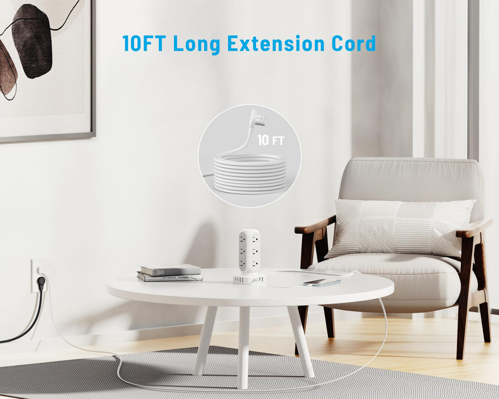 Flat Plug Power Strip Tower, TenTrend Dual PD 20W USB-C Charger Tower with 12 AC Outlets & 8 USB Ports (4 USB C), 40W Total Fast Charging Station, 10FT Extension Cord for Desk Office Dorm Room