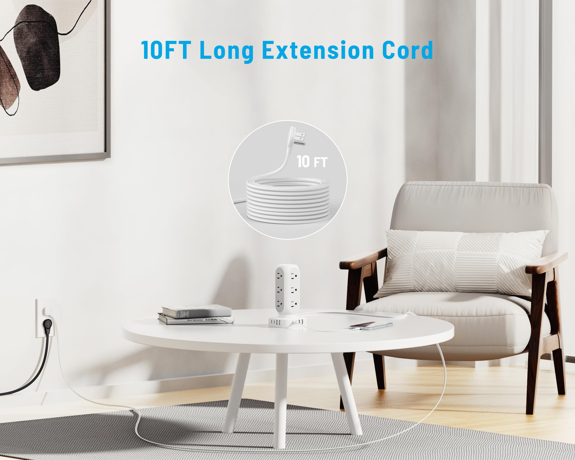 Flat Plug Power Strip Tower, TenTrend Dual PD 20W USB-C Charger Tower with 12 AC Outlets & 8 USB Ports (4 USB C), 40W Total Fast Charging Station, 10FT Extension Cord for Desk Office Dorm Room